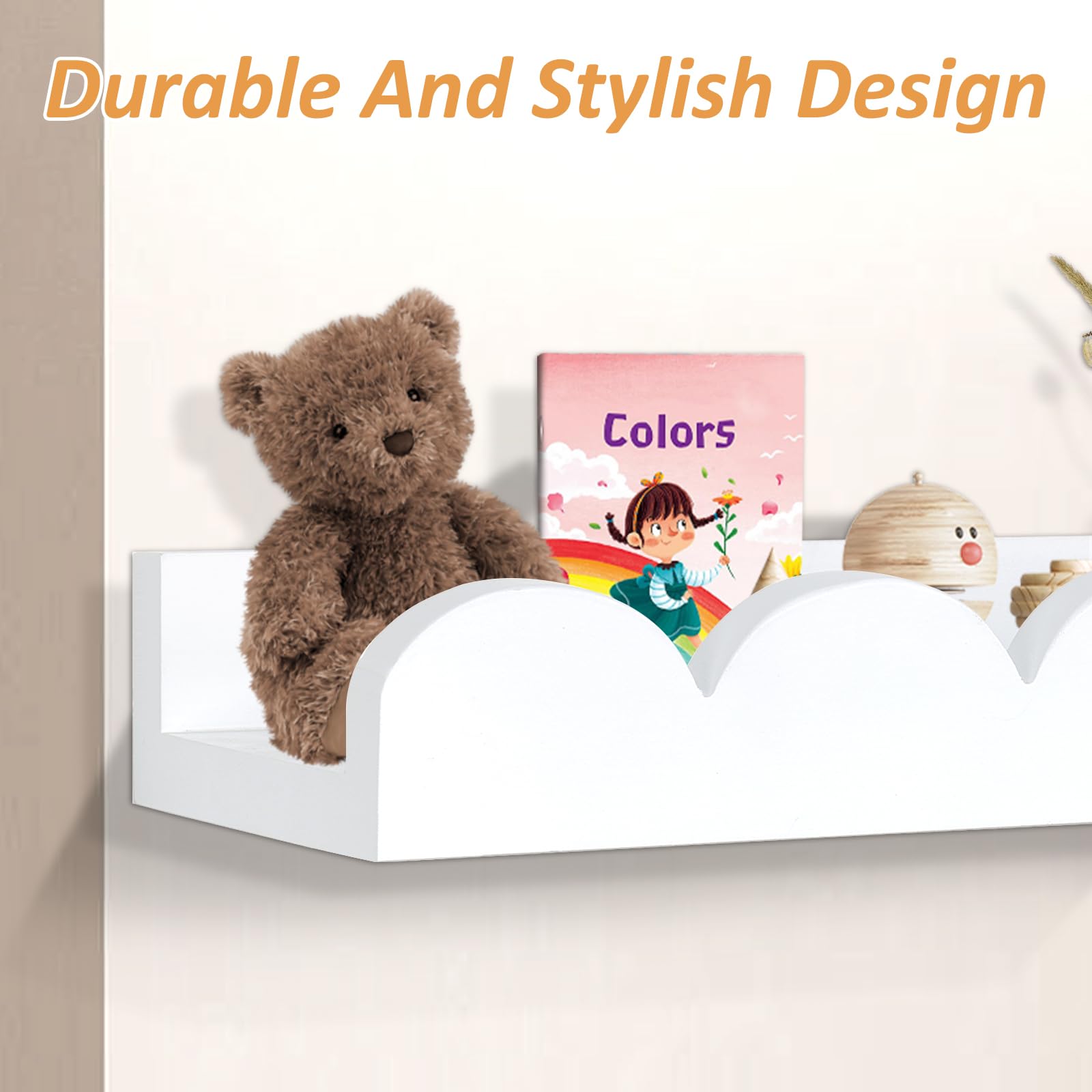 Rainmae Lot de 3 étagères murales festonnées pour chambre d'enfant avec crochets 40 cm
