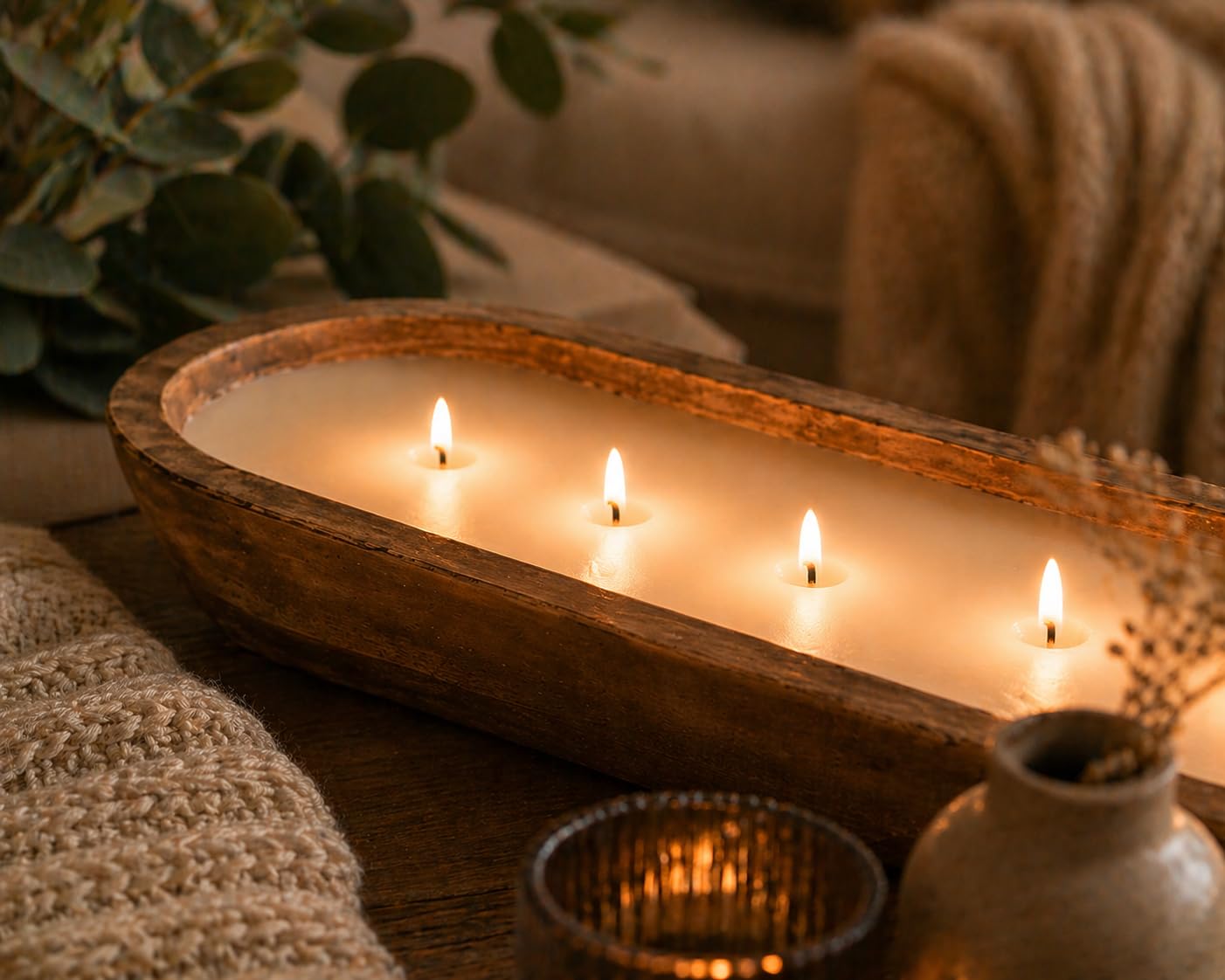 Candela profumata allungata in ciotola di legno, lussuosa candela di soia con 5 stoppini, effetto scoppiettante, grande candela d'atmosfera, decorazione rustica per la casa e idea regalo