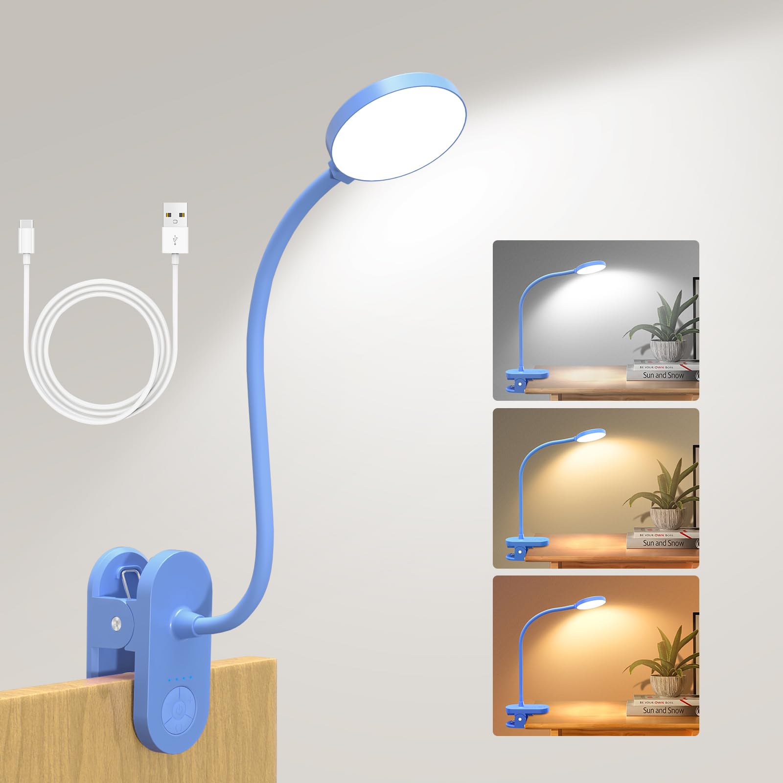 61-LED Clip Reading Light, 2000mAh USB-C, 3 Temp+10 Dim, 40cm Gooseneck