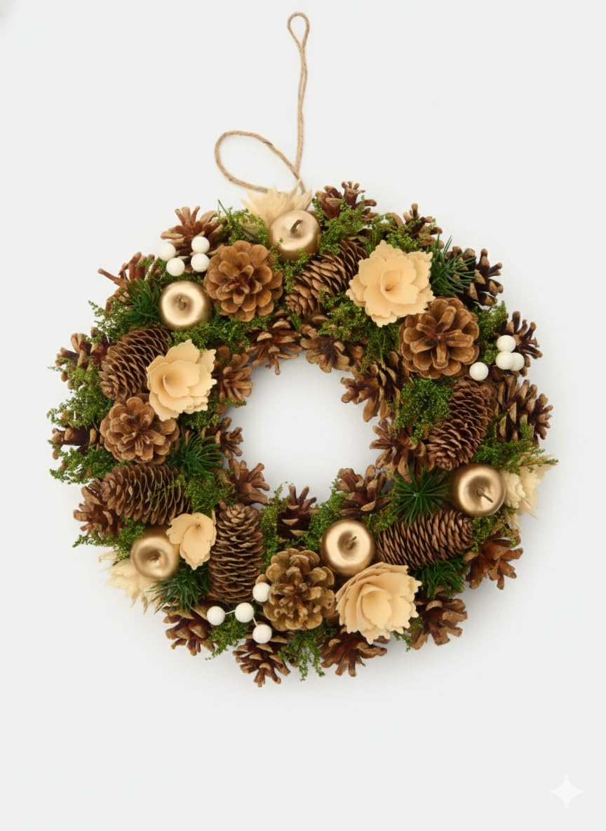 Guirnalda navideña de 35 cm, con flores artificiales y detalles dorados, corona para puerta, pared o mesa, decoración elegante para Navidad e invierno
