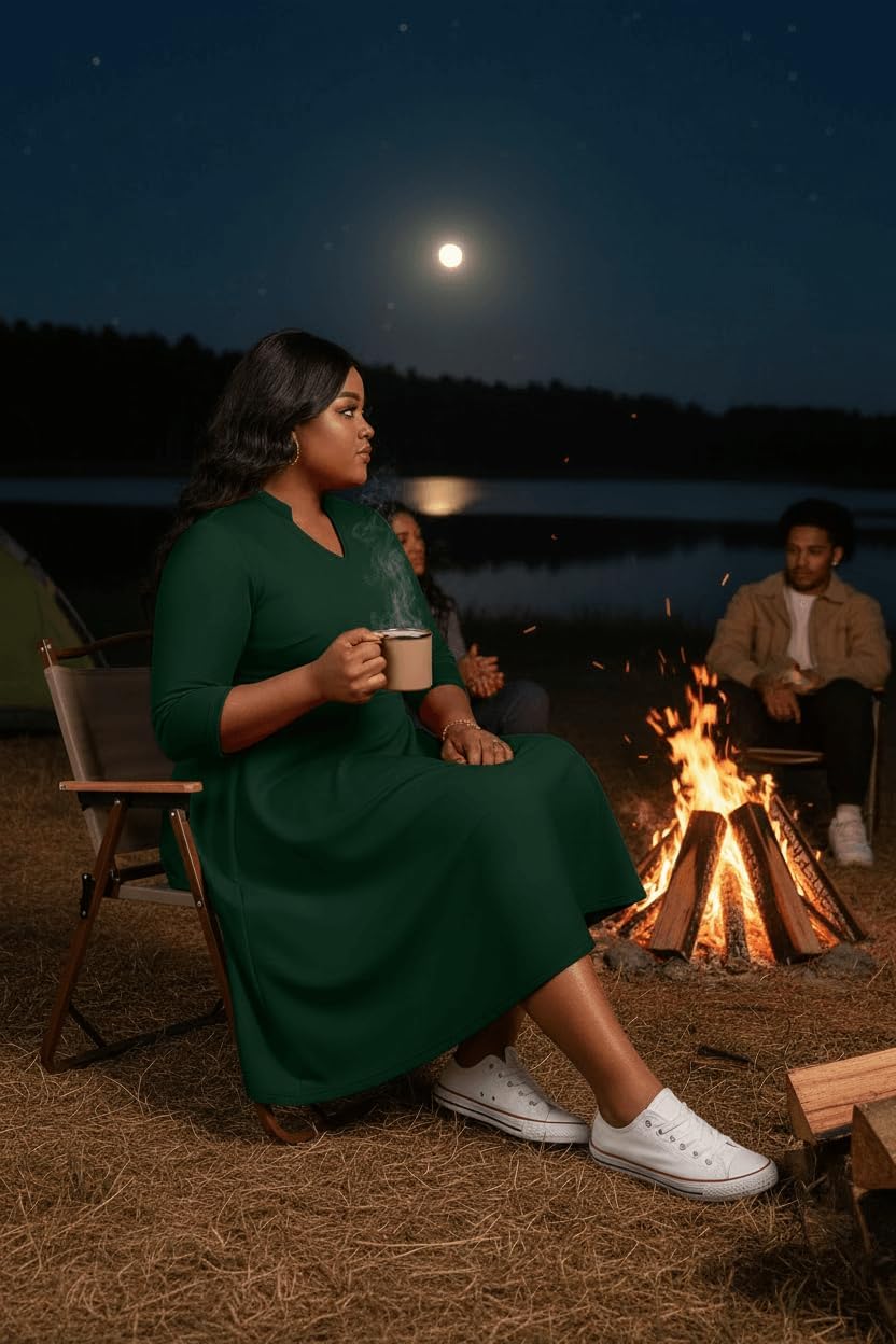 Nmoder Plus Size Dresses for Women - Casual 3/4 Sleeve V Neck Church Midi Dress Wedding Guest Cocktail with Pocket - Image 4