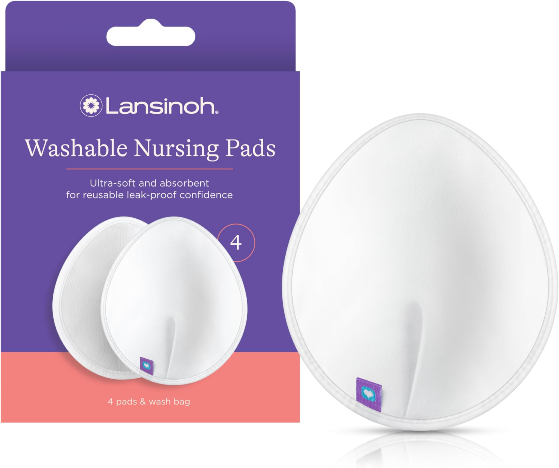 Lansinoh Washable Nursing Pads for Breastfeeding Moms, Teardrop Contoured Soft Bamboo Viscose Pad, 4 Reusable Breast Pad for Every Day and Night Use, Quick & High Absorption, Includes Mesh Wash Bag