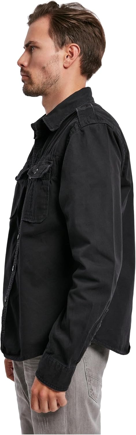 Brandit Individual Wear Men's Vintage Long Sleeve Shirt, with Button-Down Design, Front Pockets, Epaulettes, Raw Edges, Black - Large