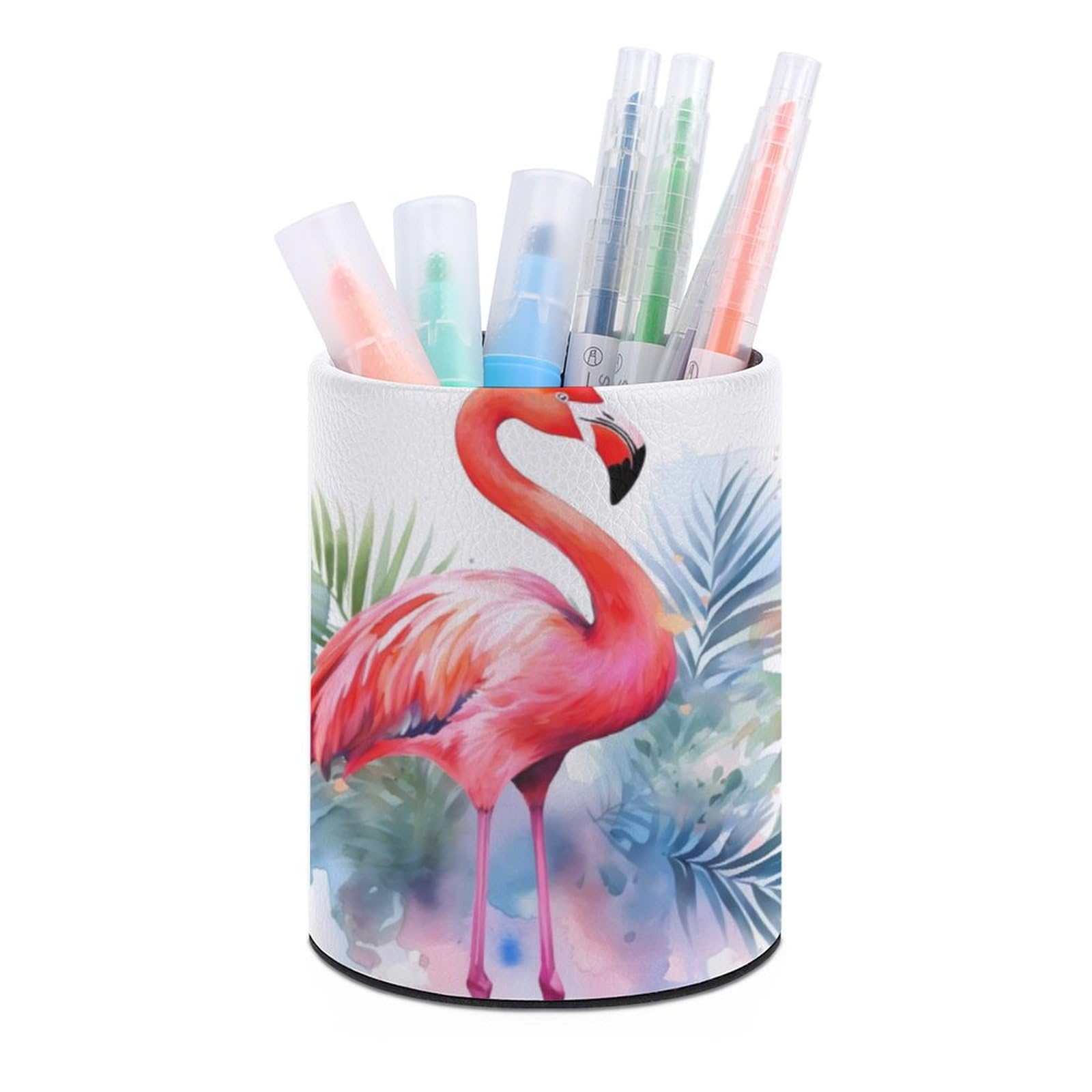 JTREHY Round Pen Holder,Flamingo Watercolor Printed Makeup Brush Storage Box Desktop Stationery Storage Cup Office Accessories Storage Box Pencil Storage Box for Home Office Dressing Table