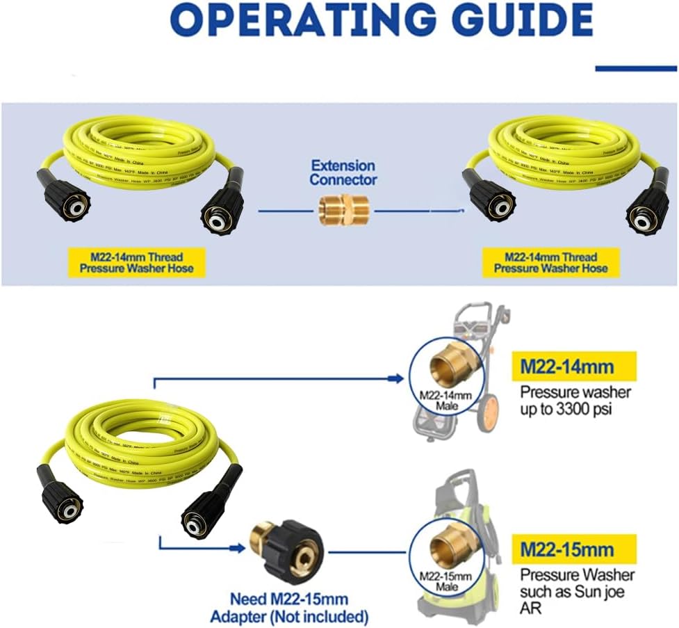 15FT-200FT Customizable Daily high-pressure cleaning hose M22-14mm to M22-15mm extension connector kit Super Flexible Pressure Washer Hose 0.5M-30M (M22 I14 I15,50FT)