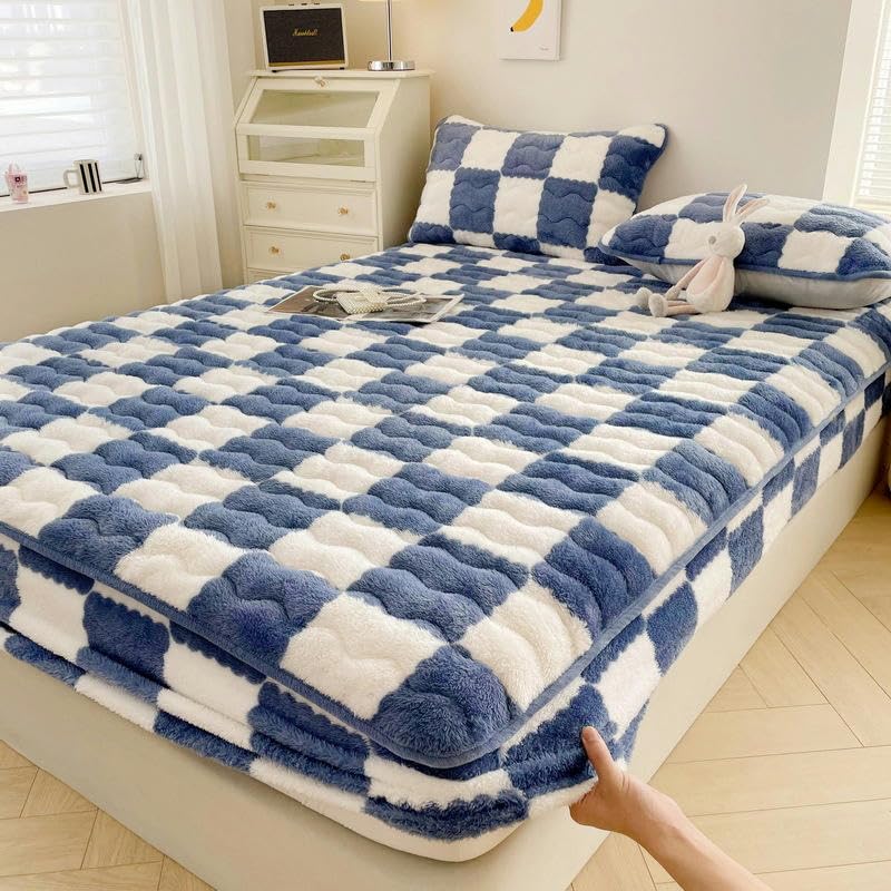 Drap-Housse Velours Arctique Bleu 30 cm Élastique Anti-Glisse Lit Double