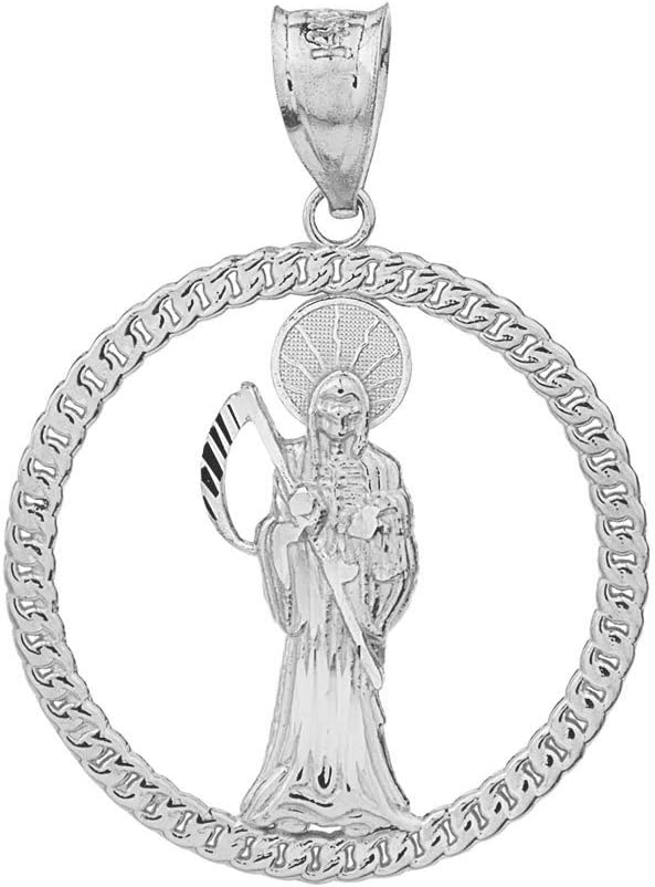 10k White Gold Santa Muerte (Grim Reaper) Round Rope Design Frame Pendant