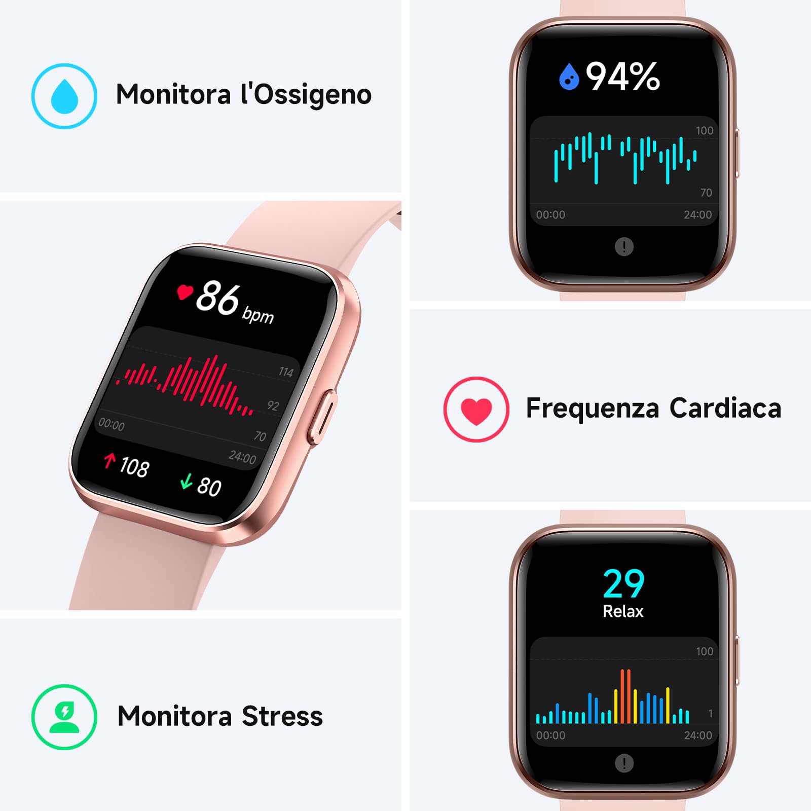Smartwatch Uomo Donna con Chiamate Bluetooth, Alexa Integrato, 1.8” Orologio Smartwatch con 100 Sportive/Cardiofrequenzimetro/Sonno/SpO2, Impermeabil IP68 Fitness Tracker per iOS Android Regalo, Rosa