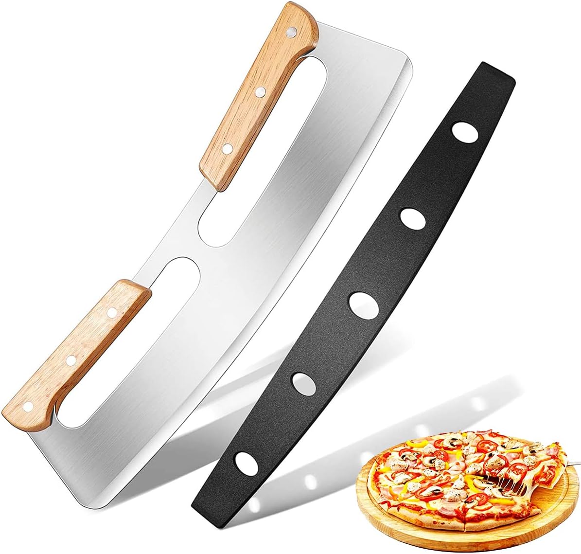 14-Inch Pizza Rocker Knife - Food-Grade Stainless Steel Blade with Ergonomic Wooden Handles, Protective Cover, Cuts Thick/Thin Crust Pizza Easily