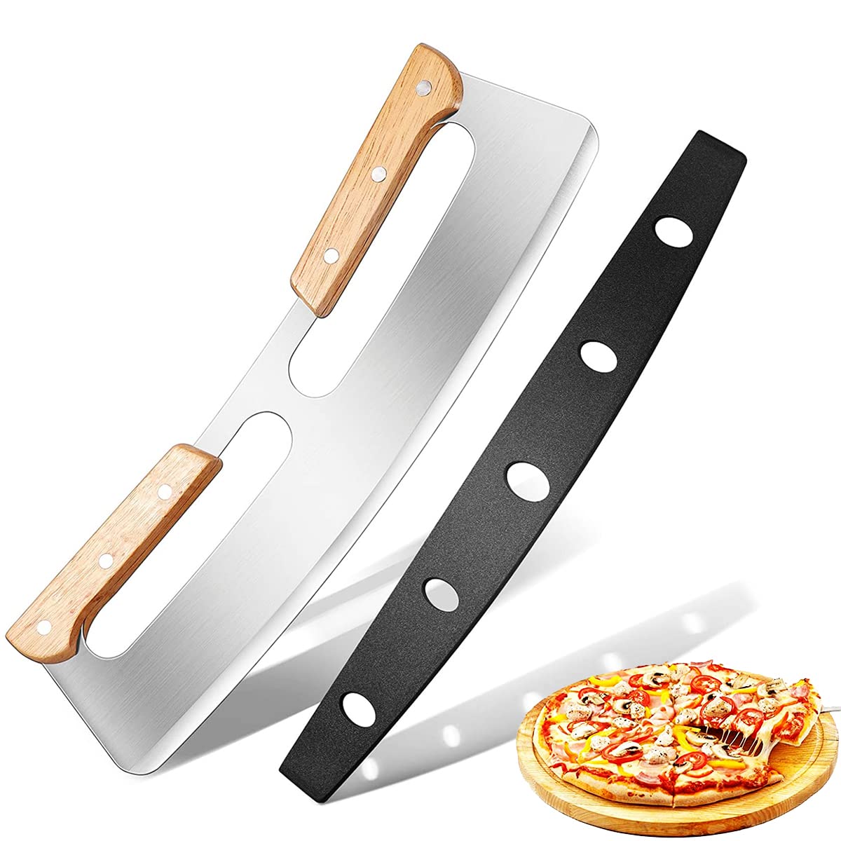 ScentedMOON 14-Inch Pizza Rocker Knife - Food-Grade Stainless Steel Blade with Ergonomic Wooden Handles, Protective Cover, Cuts Thick/Thin Crust Pizza Easily