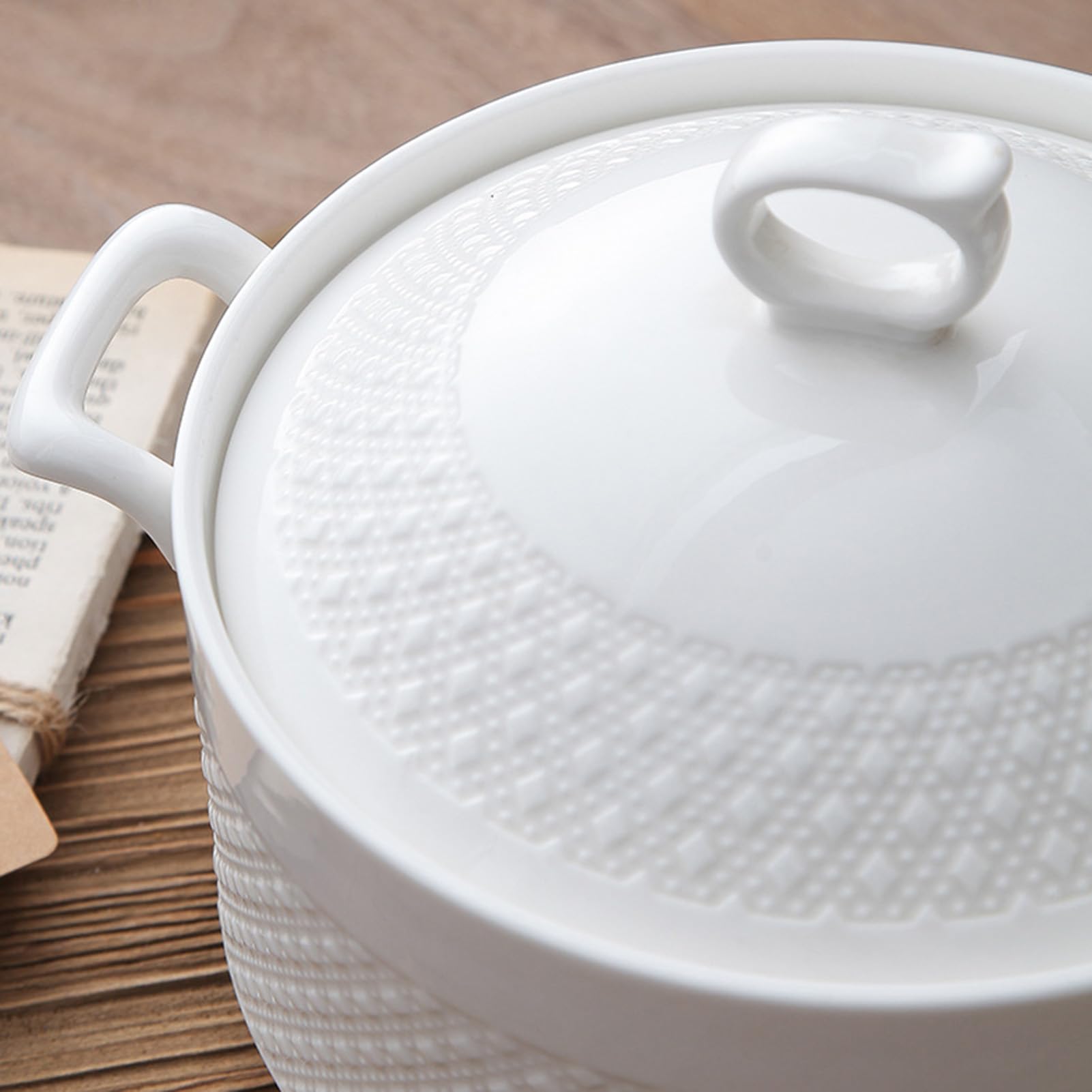 Ceramiczny garnek do gotowania, duży garnek do zupy z pokrywką, porcelanowa miska z uchwytem i chochlą do serwowania