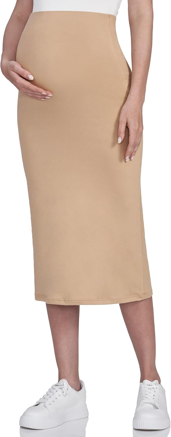 POSHDIVAH Women's Maternity Skirt Over The Belly Midi High Waisted Solid Stretchy Pregnancy Pencil Skirt