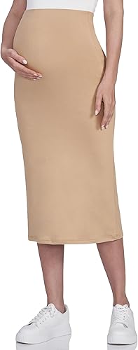 POSHDIVAH Falda de maternidad para mujer, sobre el vientre, de cintura alta, color liso, elástica, falda tubo para embarazo