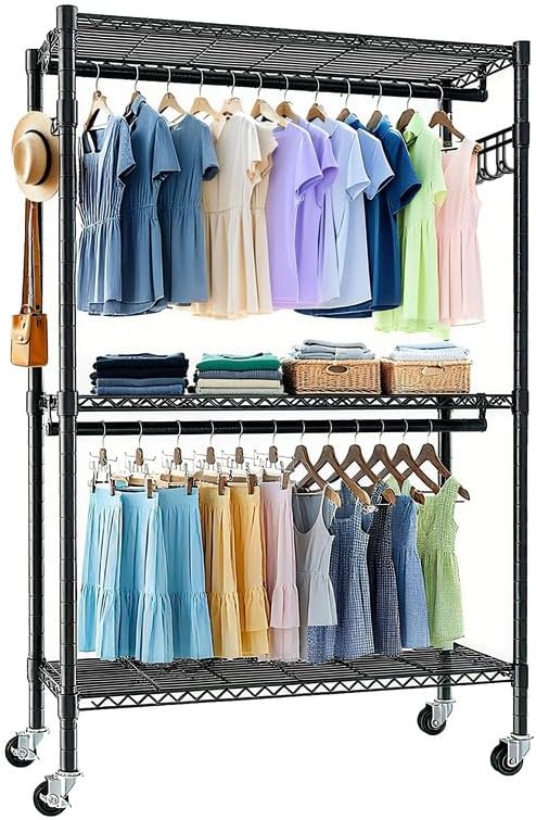Rolling Clothes Rack, Heavy Duty Garment Rack with Wheels, 3 Tiers Adjustable Wire Shelving Clothes Rack with Side Hooks and 2 Clothes Rails, Metal Freestanding Clothing Wardrobe Closet - Black
