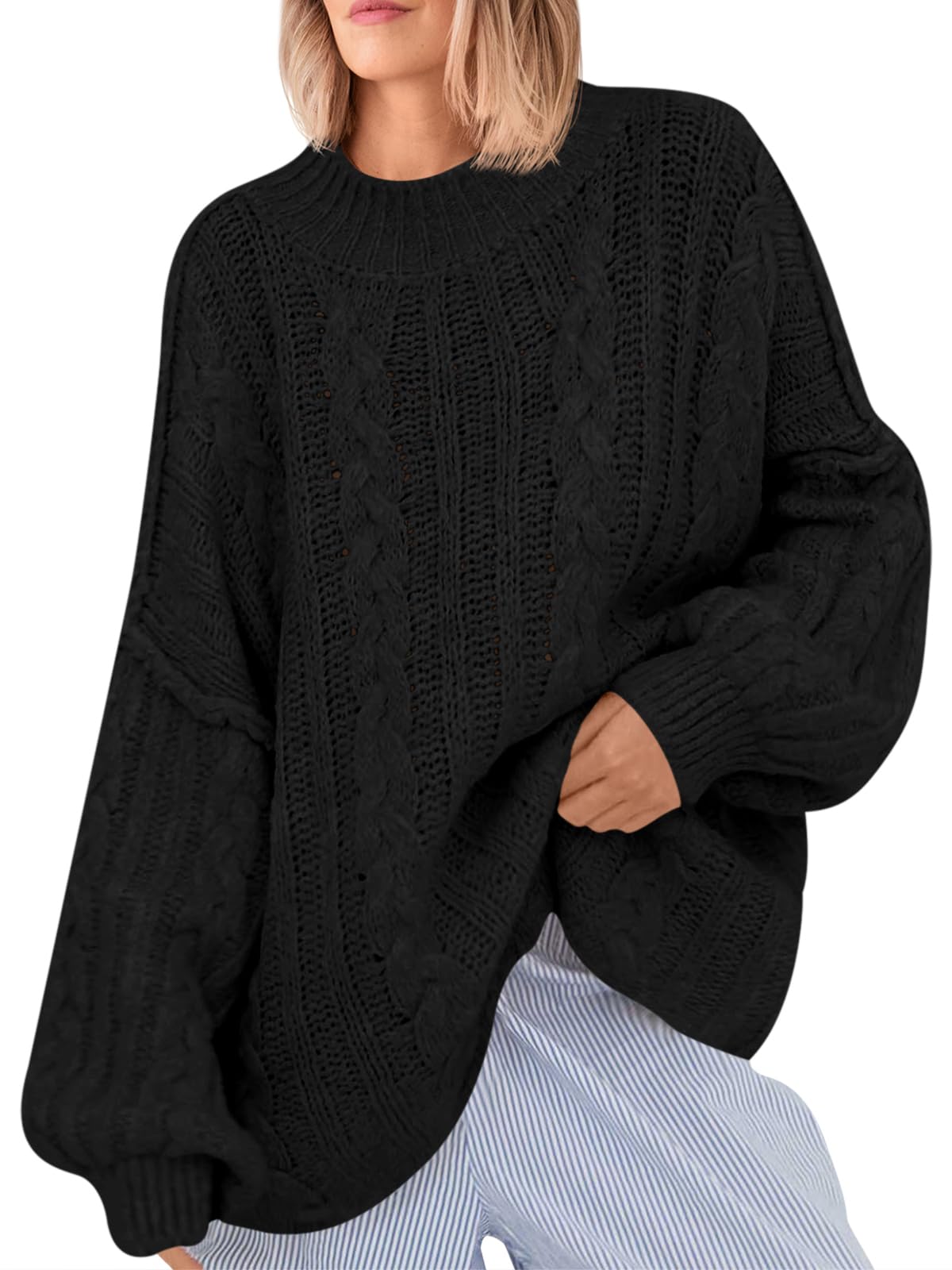 Saodimallsu Womens Oversized Sweaters Chunky Cable Knit Crew Neck Casual Long Lantern Sleeve Fall Tunic Sweater Tops