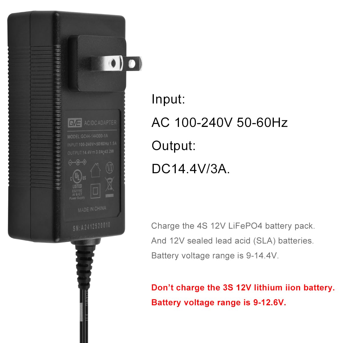 TalentCell AC/DC 14.4V/3A LiFePO4 Battery Charger with Dual Alligator Clips Connector for 4S 12V 12.8V Rechargeable Lithium Iron Phosphate Battery Pack