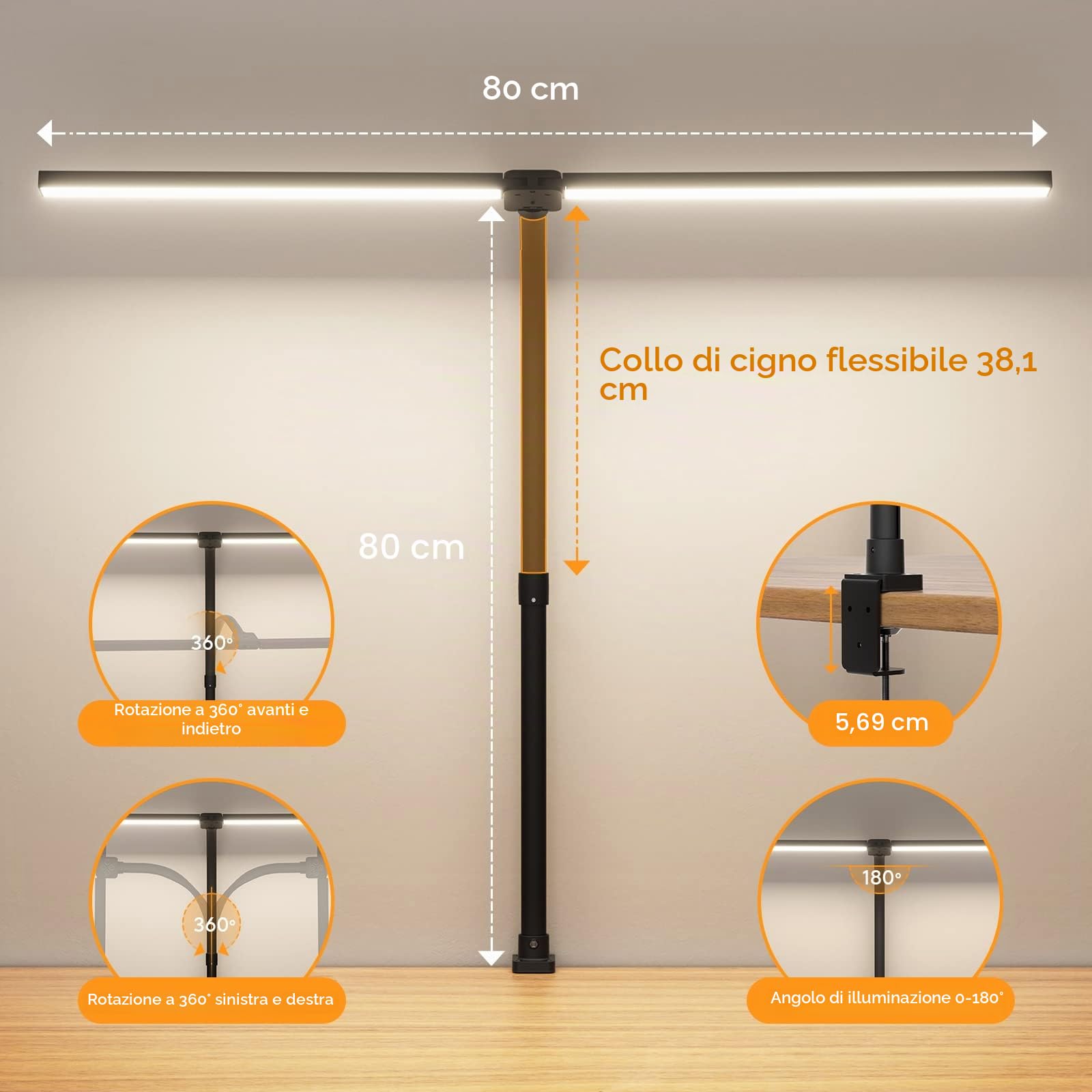 Lampada da Scrivania a LED, Luce da Tavolo Telecomandata 100 Modalità di Illuminazione per l'ufficio Casa, Collo d'oca, Doppia Testa, 24 W, Nero