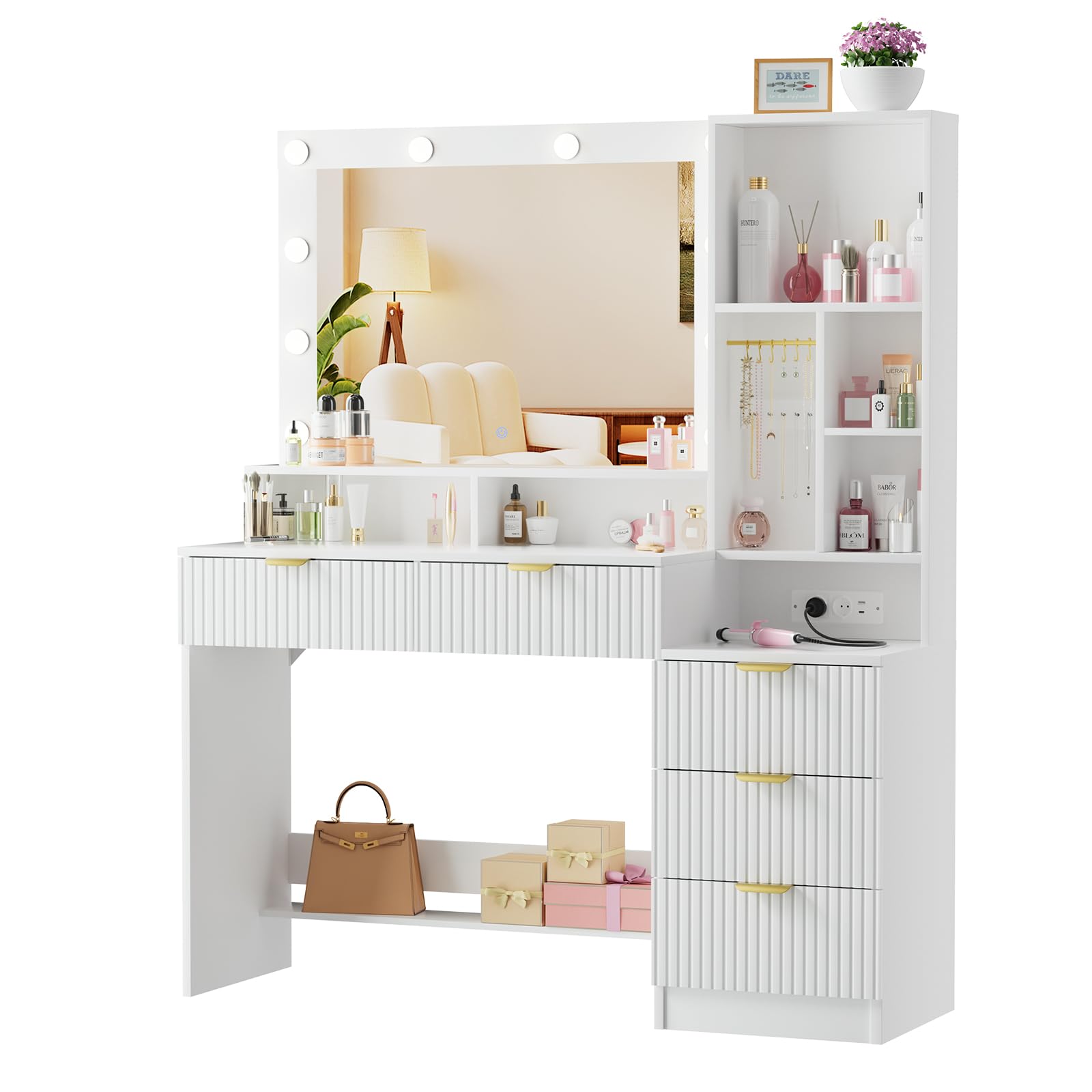 Airfish Tocador de Maquillaje con Espejo y Luz LED, Mesa de Maquillaje Grande con Enchufes, 12 Ganchos para Joyas y 5 Cajones, Tocador con Estantes Abiertos para Dormitorio, Moderno (Blanco)