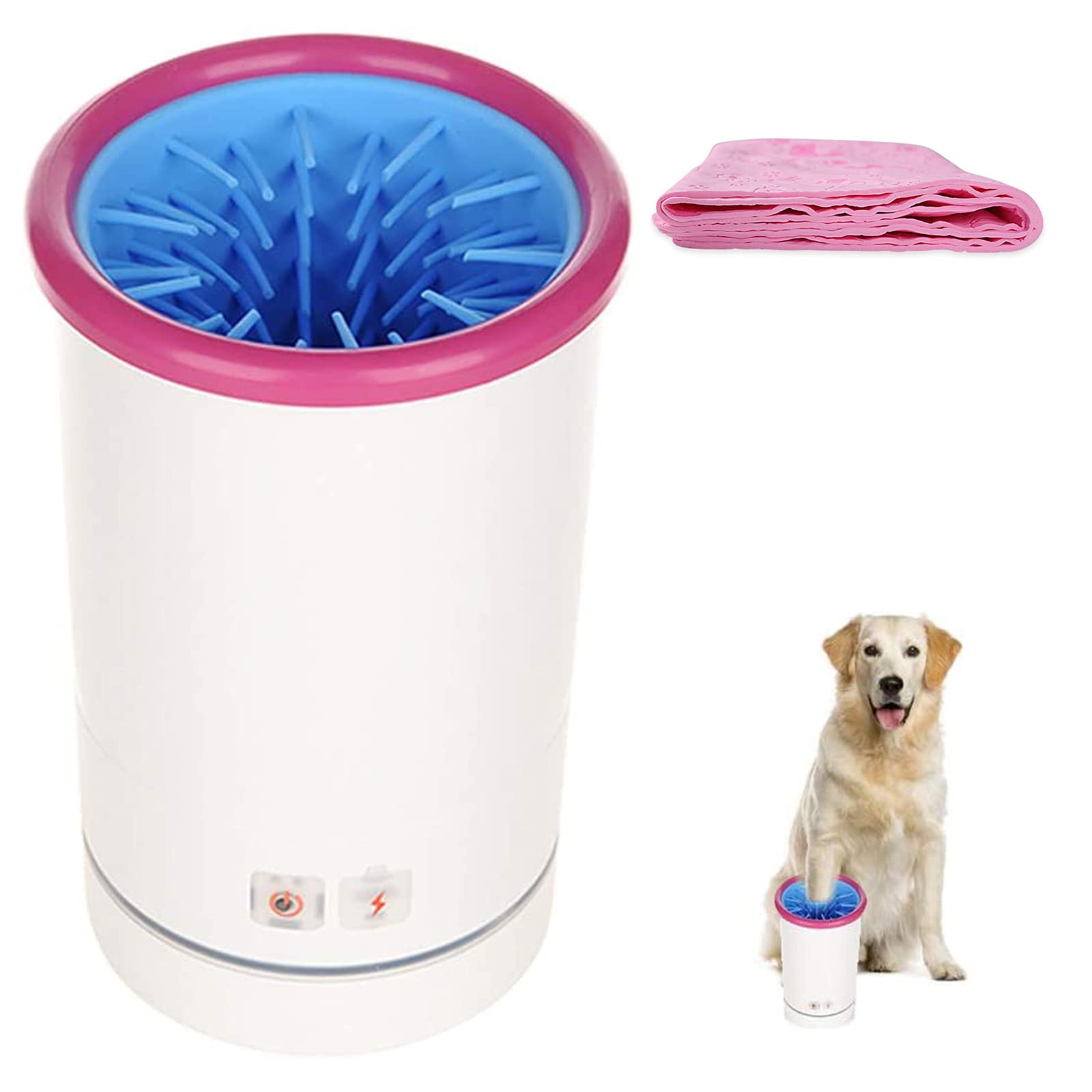 Nettoyeur de Pattes pour Chien, Lave-Pattes électrique, Outil de Nettoyage des Pattes Chien et Chat for boueuses avec Cordon USB Serviette(Pink,L)