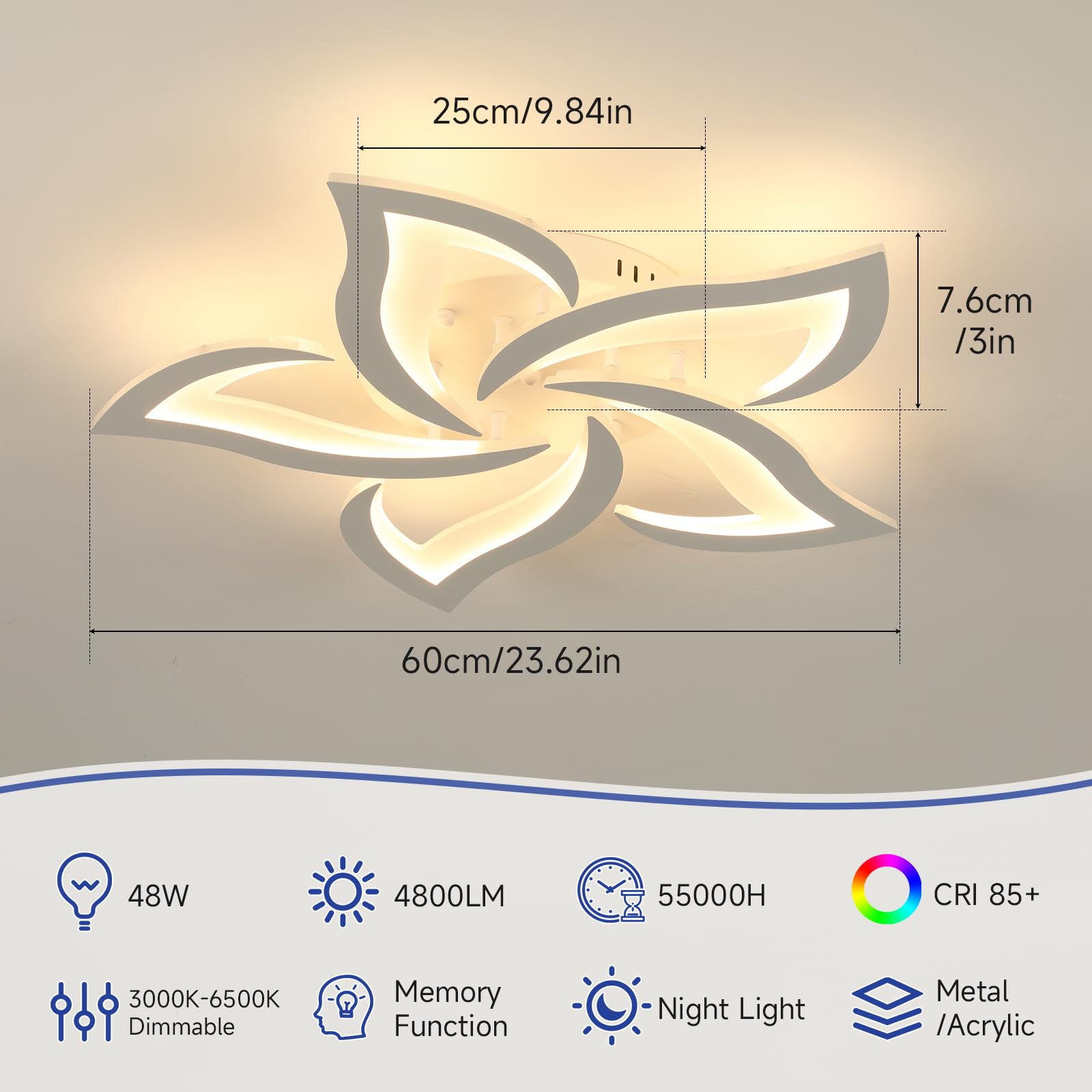 EASY EAGLE Lampadario Camera da Letto 60 cm, 48W Plafoniera LED Soffitto Dimmerabile con Telecomando 3000K–6500K, Moderno Plafoniera da Soffitto per Soggiorno, Bianco