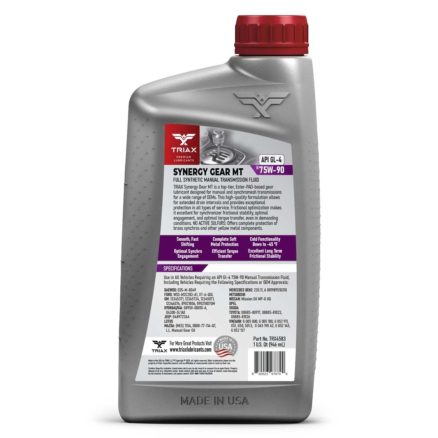 TRIAX Synergy Gear MT 75W-90 GL-4 (MT-90); Full Synthetic Manual Trans Fluid; Smooth Shifting; No Sticking, Slipping, Vibration, or Shudder; Yellow Metal Safe (6 Quart Pack)