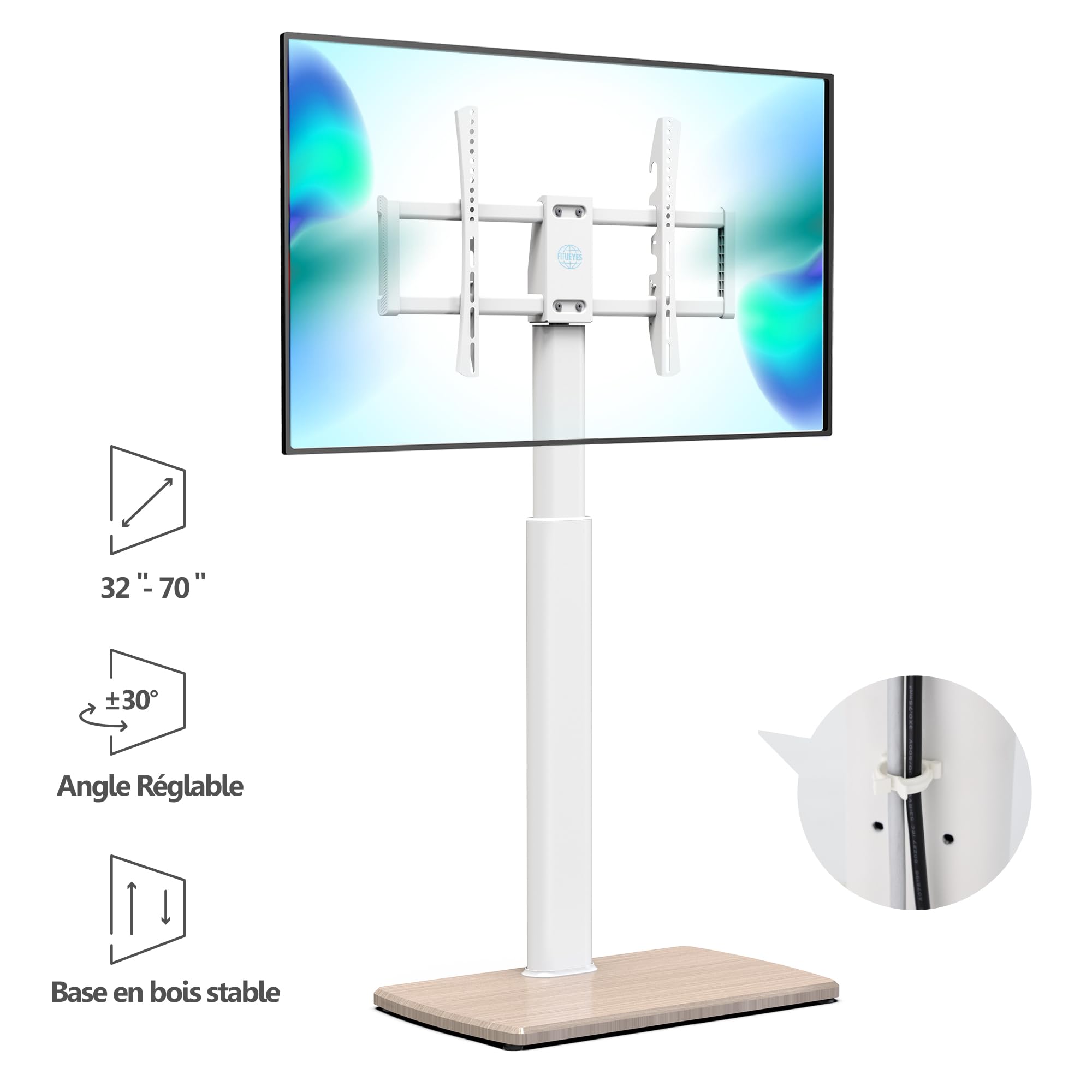 FITUEYES Support TV sur Pied avec Base en Bois, 32-70 Pouces jusqu'à 40 kg