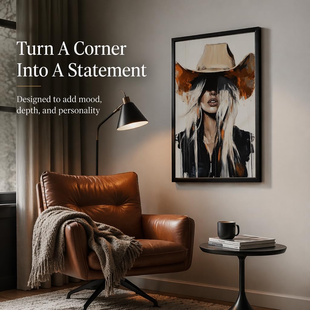 Abstract Western Cowgirl Canvas Wall Art Blonde Woman in Cowboy Hat Picture Wall Decor Modern Southwest Farmhouse Rustic Country Girl Posters Painting Prints Artwork for Girls Room Bedroom Dorm Decor