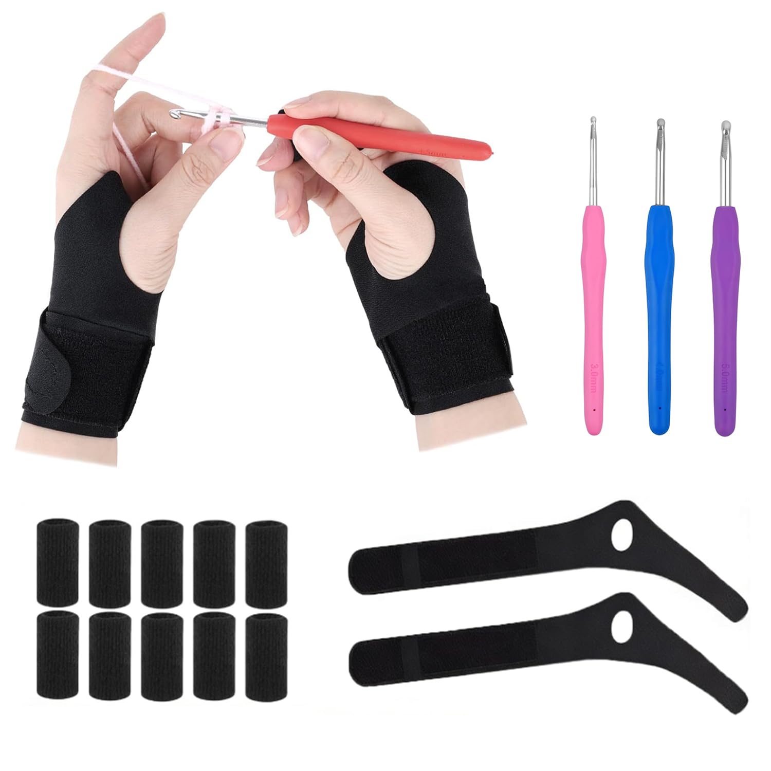 JINJUMEI 2 Pack Ergonomic Crochet Hooks Gloves with 10 Pack Finger with 3 Stück Häkelnadel Set, Crochet Finger Guard, Crochet Supplies for Crocheters