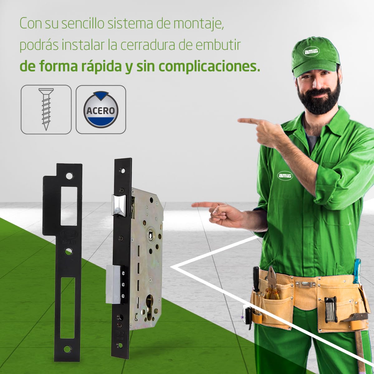 Amig - Cerradura de Embutir con Cilindro de Seguridad y Bocallave + 5 Llaves - Para Puertas de Madera de Entrada - De Acero Acabado en Negro - Picaporte Reversible - Para Manilla de 8 mm