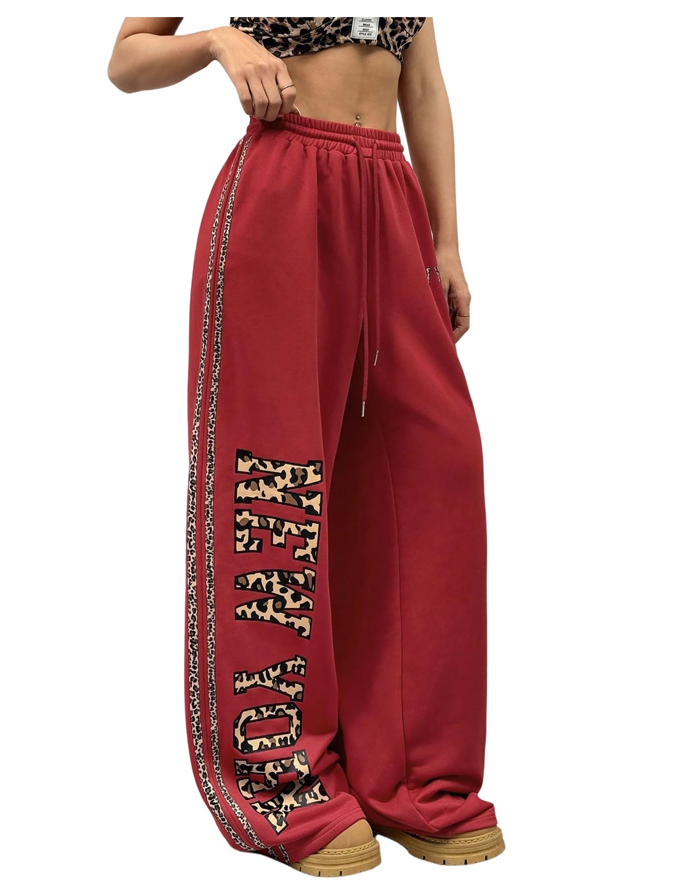 WDIRARA Womens Leopard Letter Graphic Wide Leg Sweatpants Drawstring Waist Workout Baggy Pants