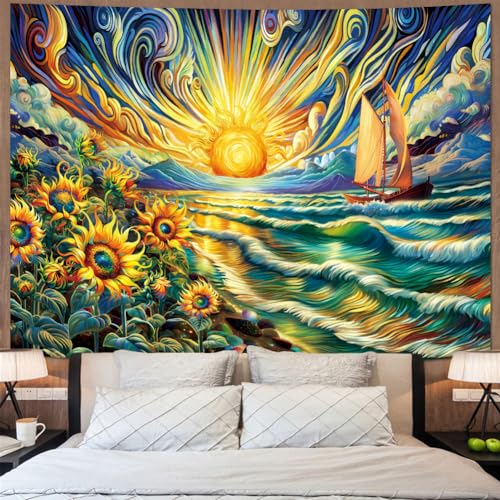 Amonercvita Sunflowers Tapestry Trippy Sun Tapestry Hippie Wave Tapestry Sea Beach Landscape Wall Hanging Magical Clouds Tapestry Sailing Boat Wall Tapestry cover