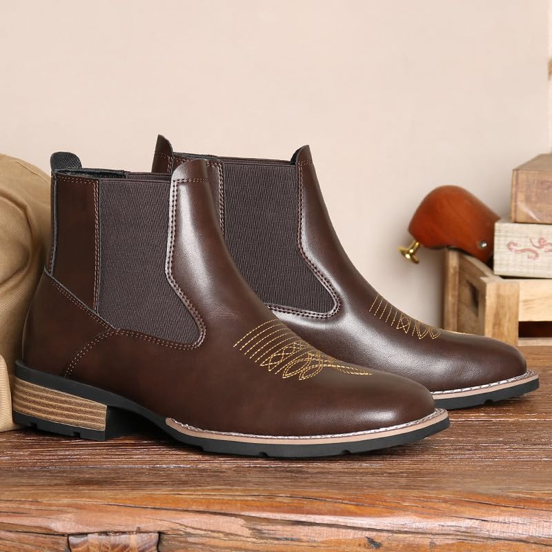 Image of Santimon Men's Square Toe Chelsea Boots, Ankle High, Slip-On, Anti-Slip Dress Casual Outdoor Boots