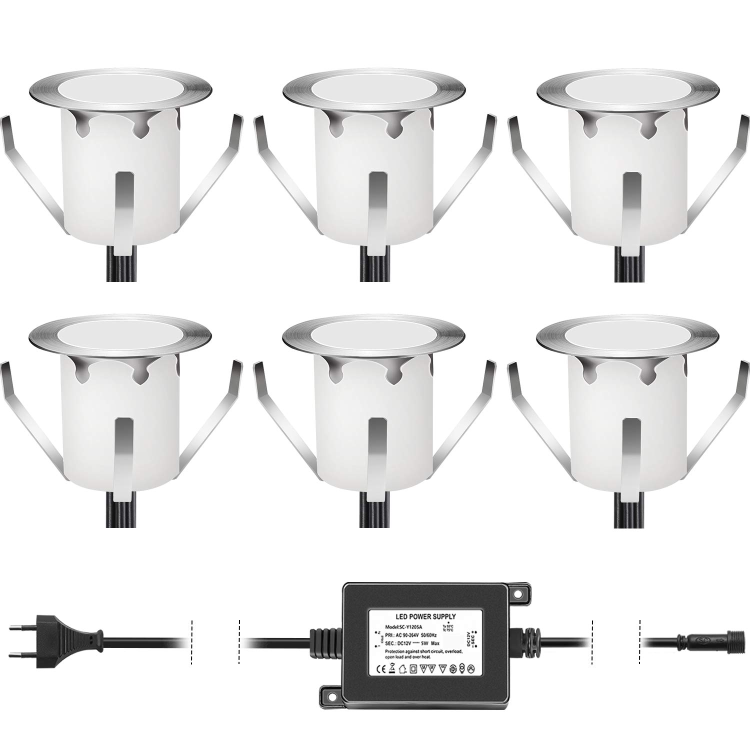 6 kit faretti da incasso a LED per terrazza sepolta plafoniera,LED da incasso 0,6 W IP67 DC12 V, impermeabile, lampada esterna per strada, scala, piscina, cortile, bagno bianco caldo