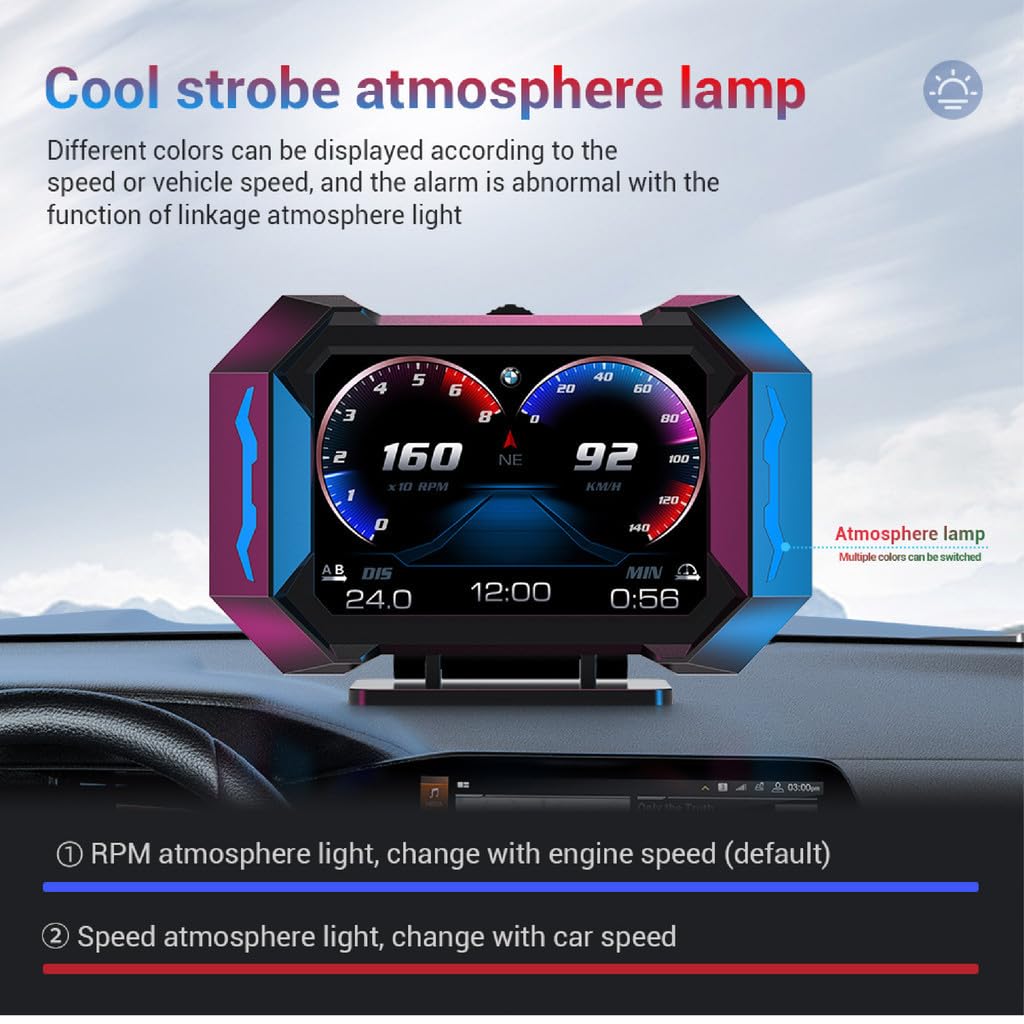 OTPerformance OTP-P25 OBD2 Car HUD Head Up Display Display Tachometer Multi-Function Digital OBDII GPS Speedometer Car Speed MPH Altitude Driving Direction Slope Meter Universal All