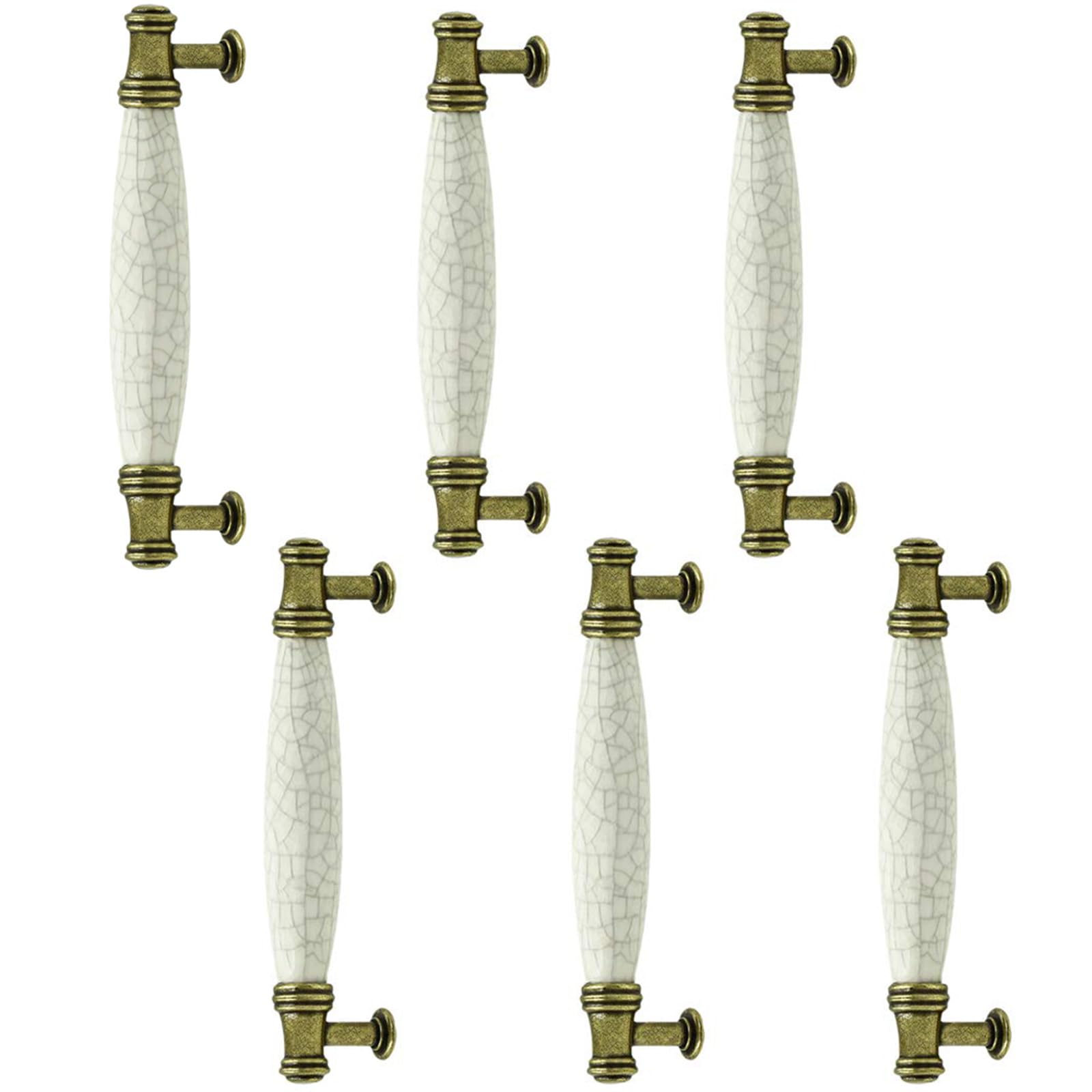 LC LICTOP 5.98 Inch Antique Brass Ceramic Drawer Handles 6Pcs – 5.04 Inch Hole Center Vintage Dresser Pulls, Off White Cracking Pattern Cabinet Knobs for Kitchen Cupboard