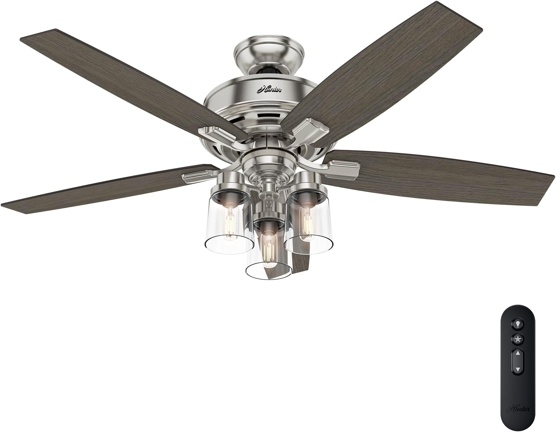 52 inch Indoor Ceiling Fan with LED Lights and Remote Control - Standard Mount Ceiling Fan, 5 Blades, For Bedroom, Living Room, or Kitchen, Quiet - Bennett 54190, Brushed Nickel