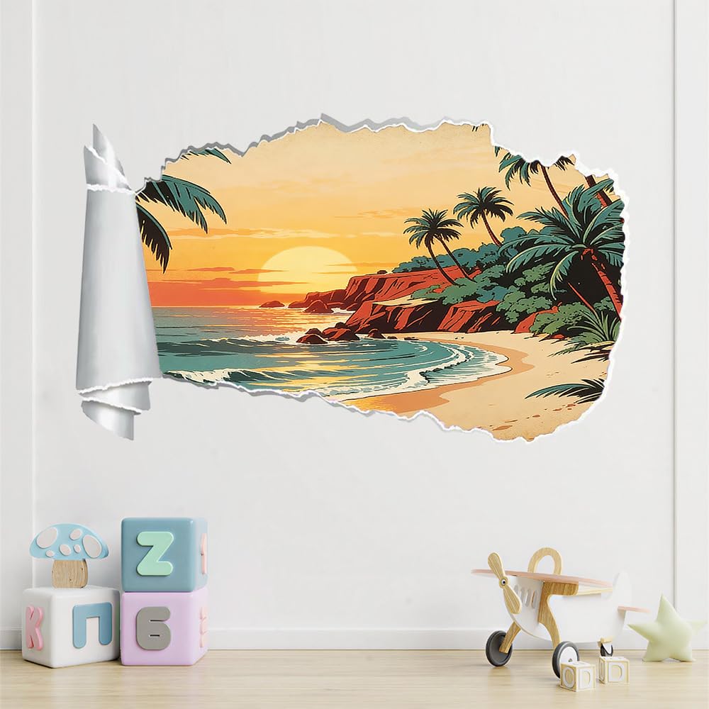 Wandsticker 3D Durchbruch Sonnenuntergang Am Strand Wandtattoo kinderzimmer Deko Palmen Wandaufkleber Wanddurchbruch Wandsticker Wandbild für Mädchen Zimmer Wohnzimmer Schlafzimmer
