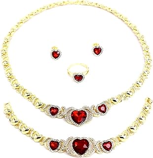 Women's Girls Hugs & Kisses XOXO Red Hearts 4 Pieces Necklace Set Includes Ring Bracelet & Earrings Real Gold Plated #85