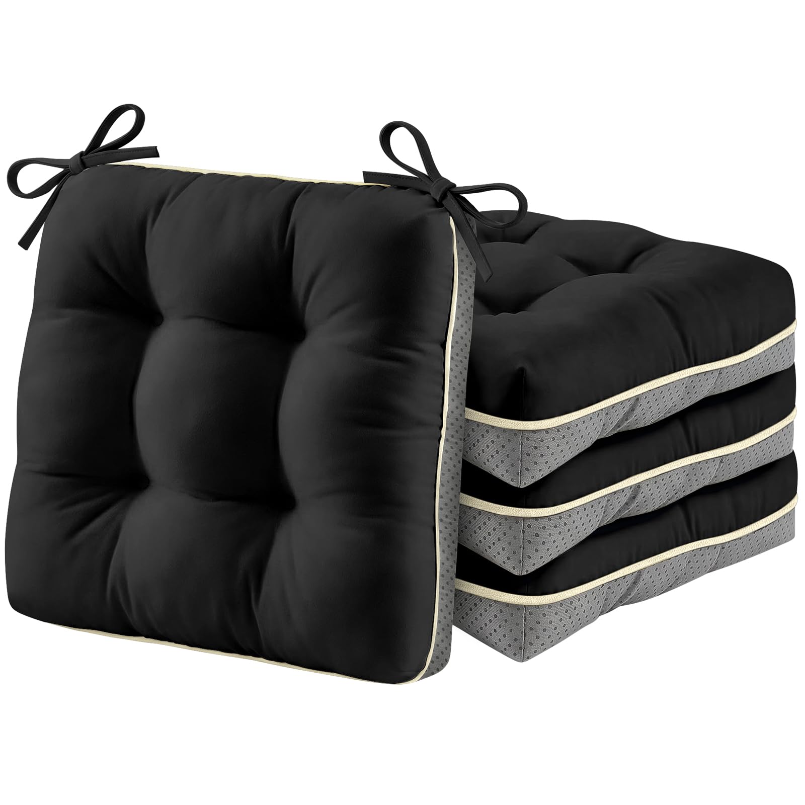 AS AWESLING 4 Pack Garden Chair Cushions with Ties - Soft Wipeable Oxford Cover & Plush Shredded Foam for Patio, Dining Chairs, Indoor Outdoor Use (BLACK, 48cm x 48cm)