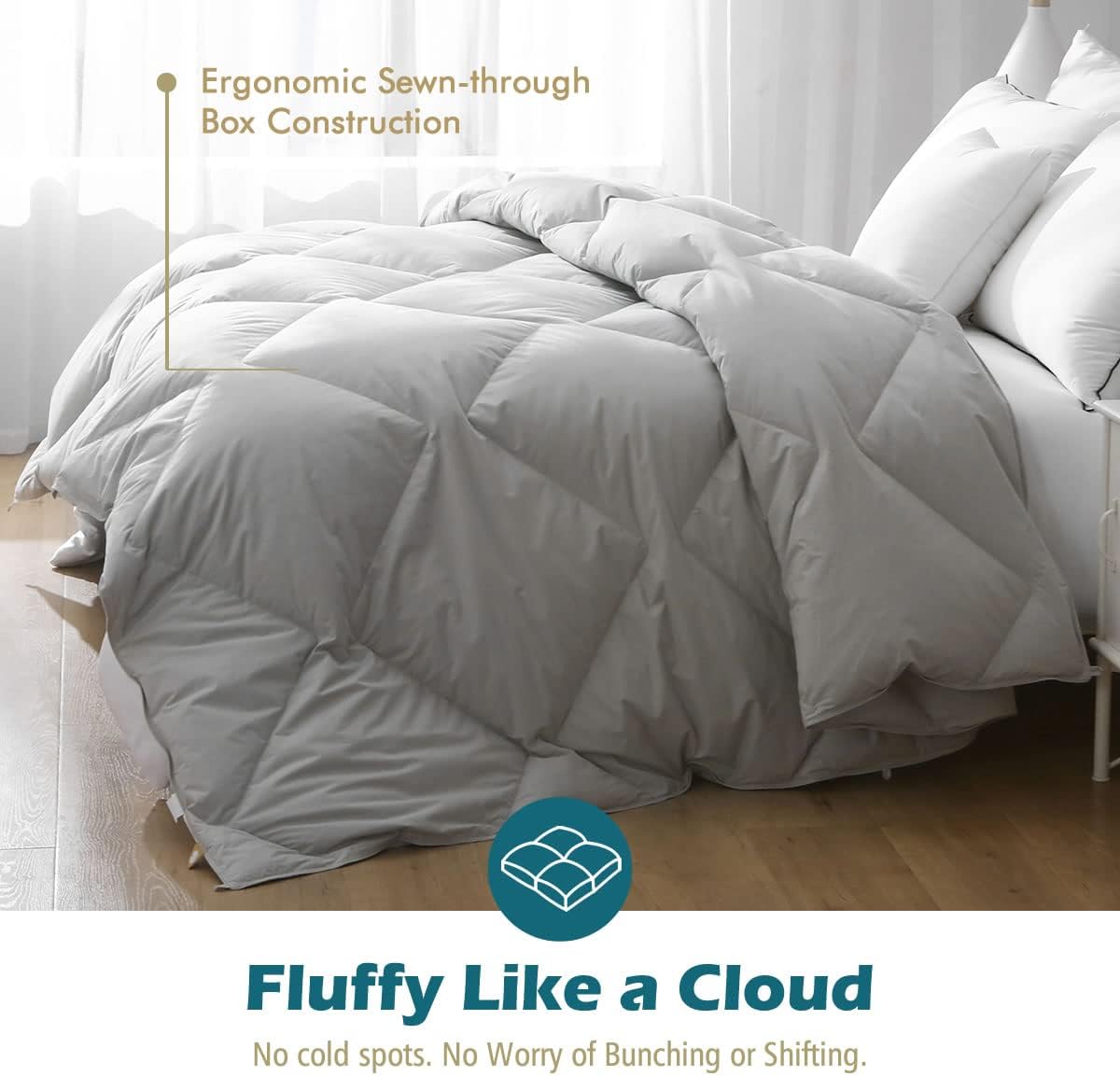 Organic Gray Feathers & Down Comforter Twin Size, All Season Ergonomic Goose Feather Down Duvet, Soft Plush 100% Cotton Quilted Medium Warm Bed Comforter Insert with Ties, Light Grey, 68x90