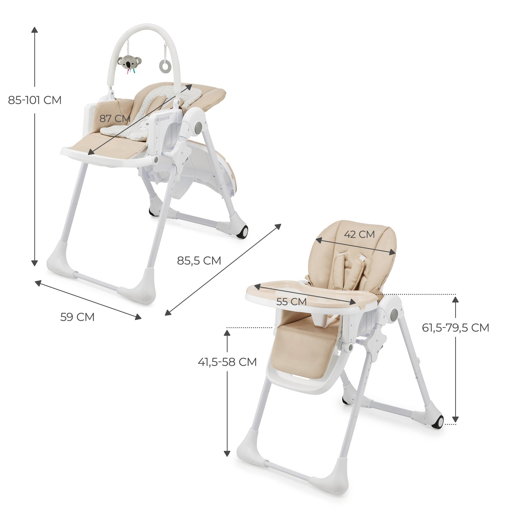Kinderkraft TUMMIE Chaise Haute 2 en 1, pour Bébé Ergonomique, Confortable, Inclinable, Pliable, avec Hauteur Réglable, Repose-Pieds, Plateau Amovible, pour Tout-Petit, avec jouets, Beige