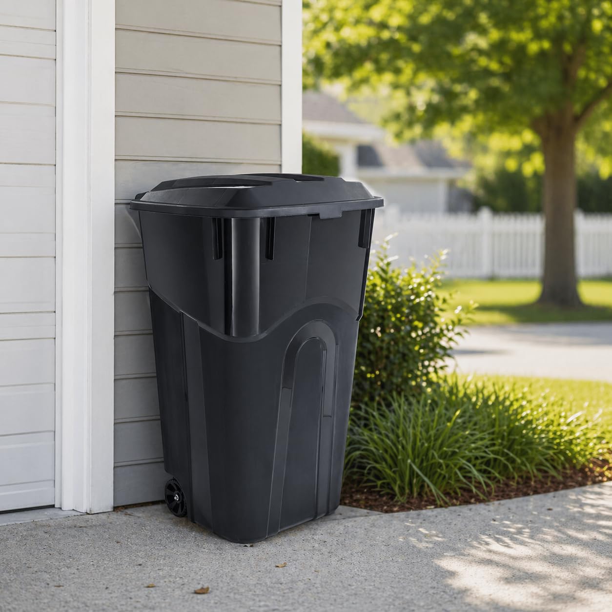 32 Gallon Wheeled Trash Can with Attached Lid, Heavy Duty Plastic Outdoor Garbage Receptacle with Ergonomic Handle and Bottom Lift Groove, Black