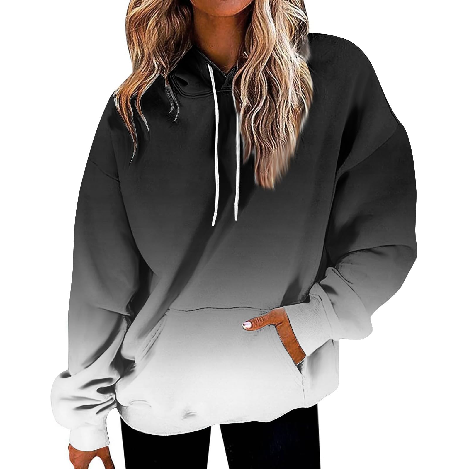 AMXYFBK Women's Casual Pocket Hoodie Long Sleeve Fashion Rope Pullover Hoodie Top Plain Sweatshirts