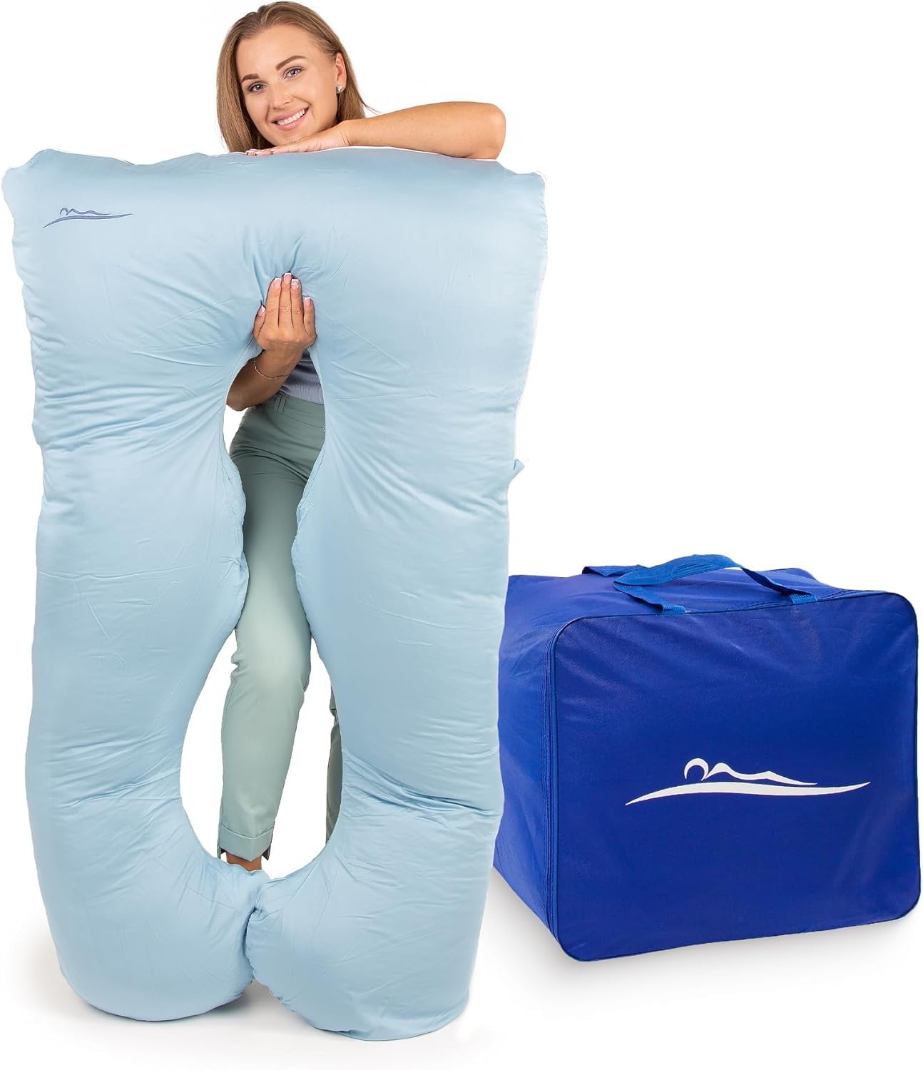 MAKOSAS KomfortKissen Original Premium Orthopaedic Cuddly Pillow, Body Pillow, Side Sleeper Pillow, For Better Sleep and Against Back Pain, 100 x 150 cm (Light Blue - Bamboo)