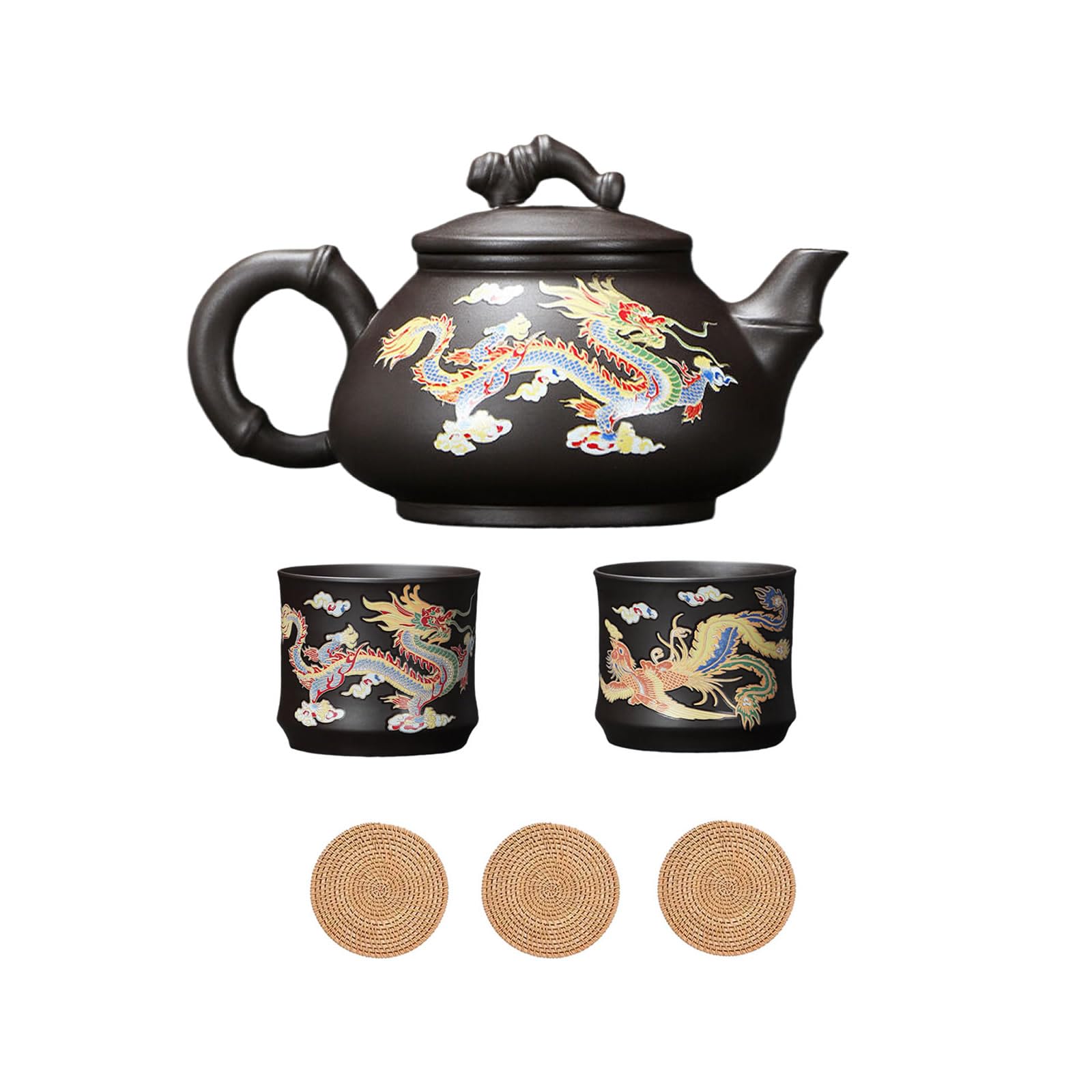 Farbwechsel Teekanne und Tassenset,Lila Tontopf mit Drachen und Phönixmuster,Chinesisches Kung Fu Teeset,Keramik 1 Topf 2 Tassen,180ML,Mit Untersetzer (C-Drache Phönix, Ohne Geschenkbox)