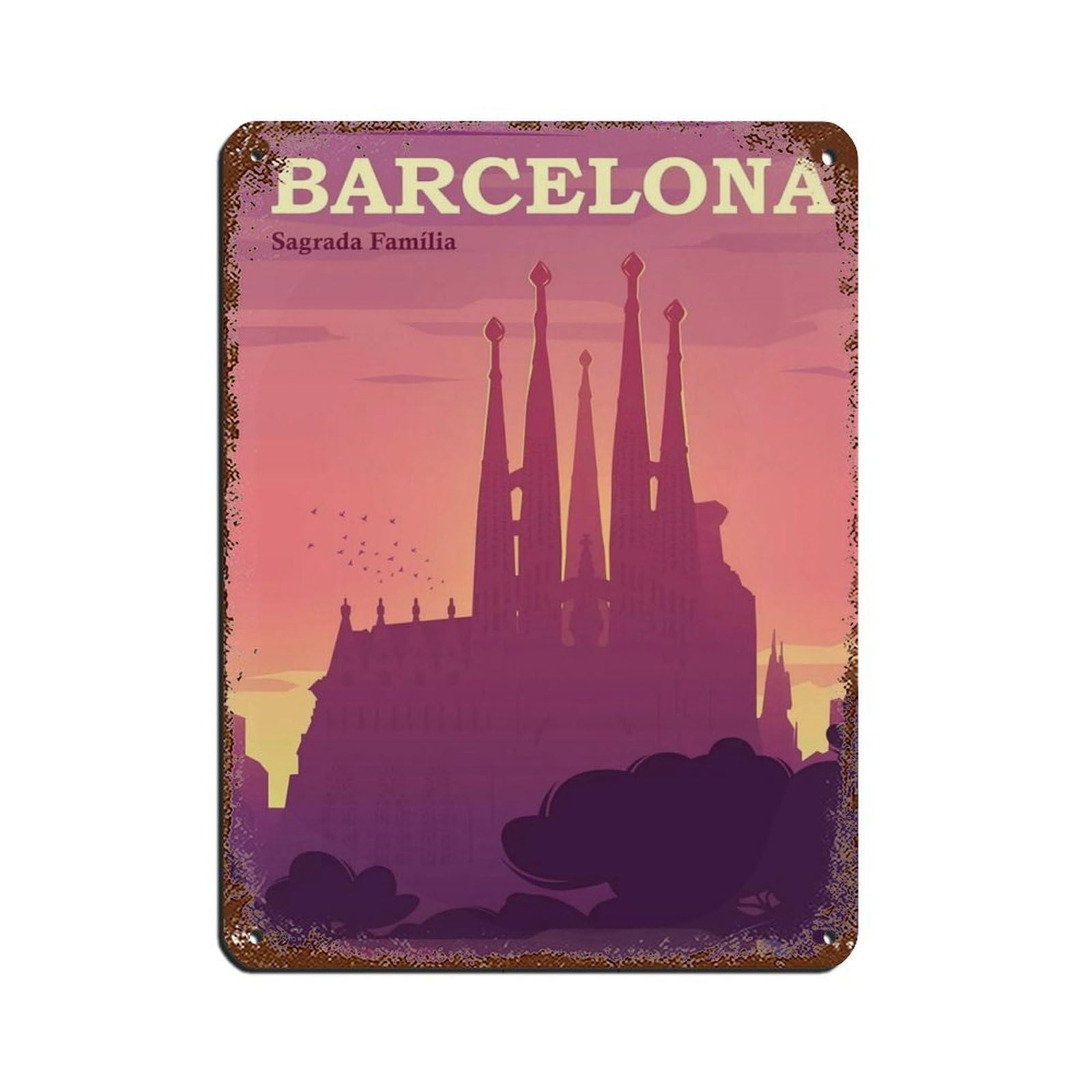 Barcelona Travel Poster, Spain Poster Tin Sign Vintage Metal Pub Club Cafe Bar Home Wall Art Decoration Poster Retro 12x16inch(30x40cm)
