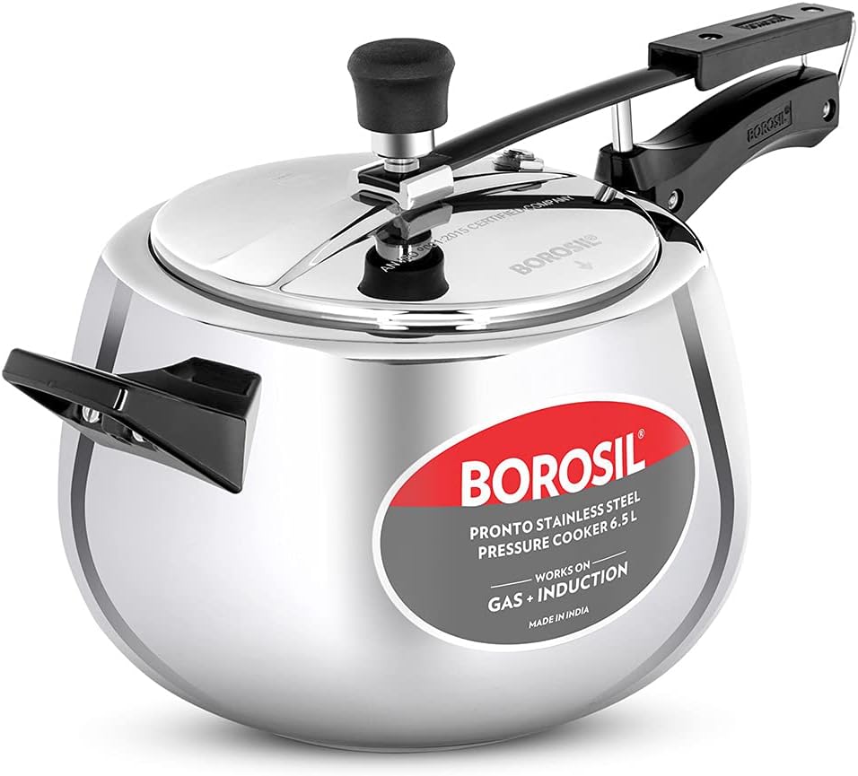 Borosil Pronto Induction Base Inner Lid Stainless Steel Pressure Cooker, 6.8 mm Thick Base, 6.5Liters