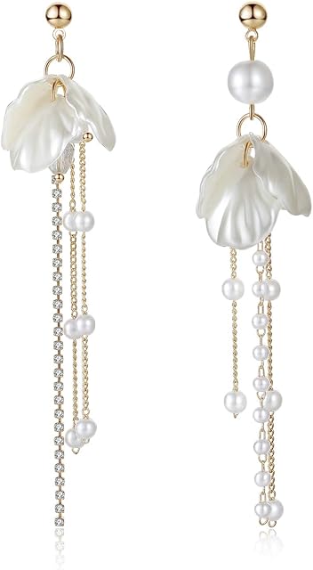 Kruckel Peach Blossom Flower Dangle Long Drop Earrings for Women - Unique Fashion Costume Jewelry Set - Birthday Gifts for Her - Wedding, Engagement, Party - Made With Swarovski Pearl - Gold/white