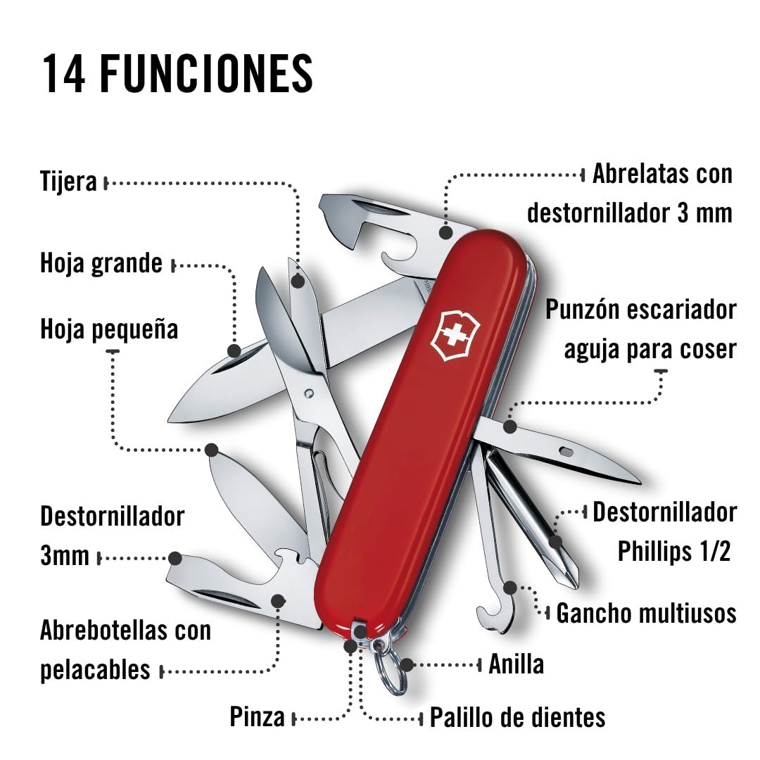 Victorinox Super Tinker, Navaja multiusos suiza con 14 funciones, incluyendo tijeras y destornillador Phillips, Rojo, Caja Plegable