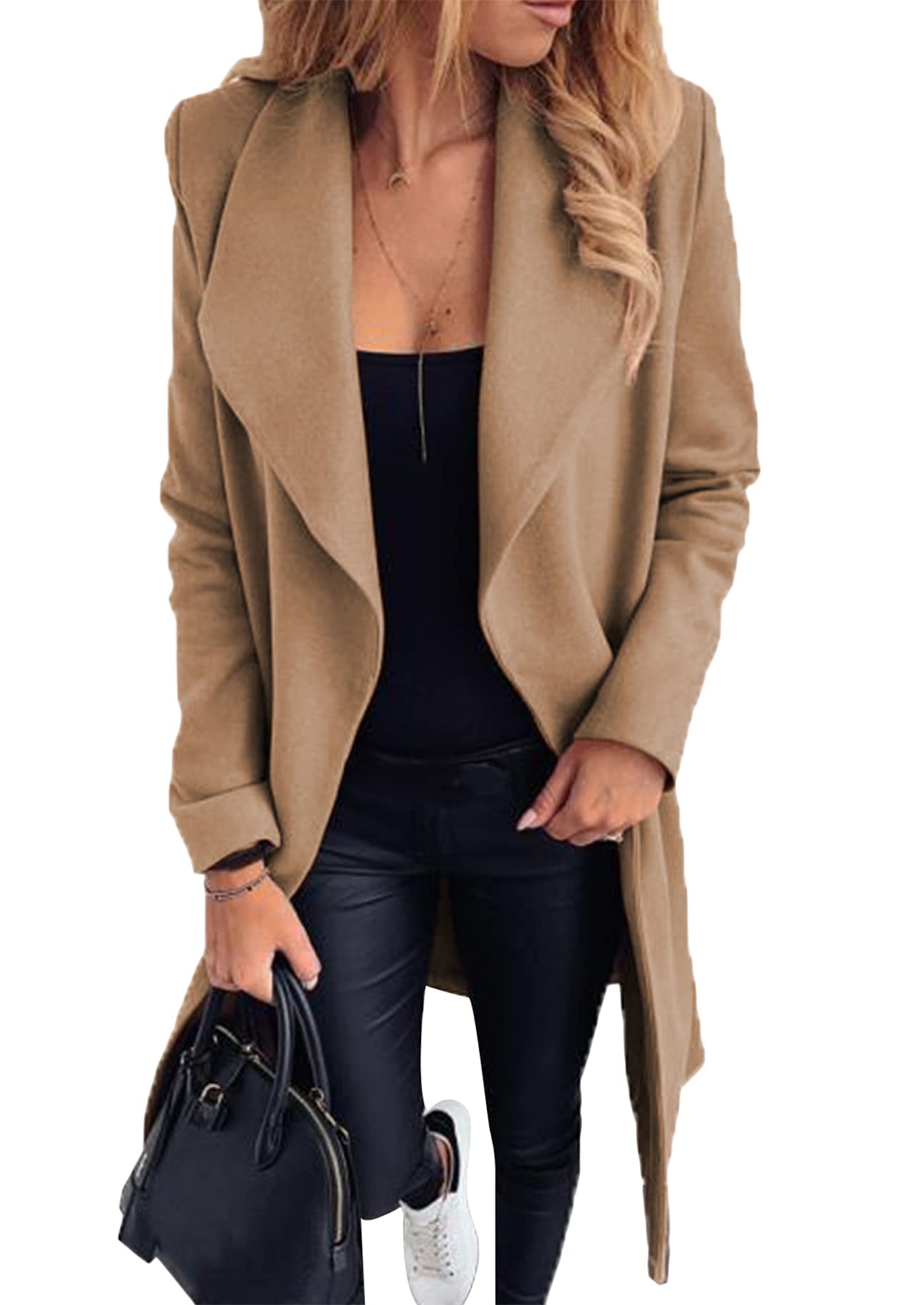 YMING Donna Cappotto Elegante Con Risvolto In Misto Lana Cappotto Con Cintura In Vita Avvolgere Lungo Trench Pea Jacket